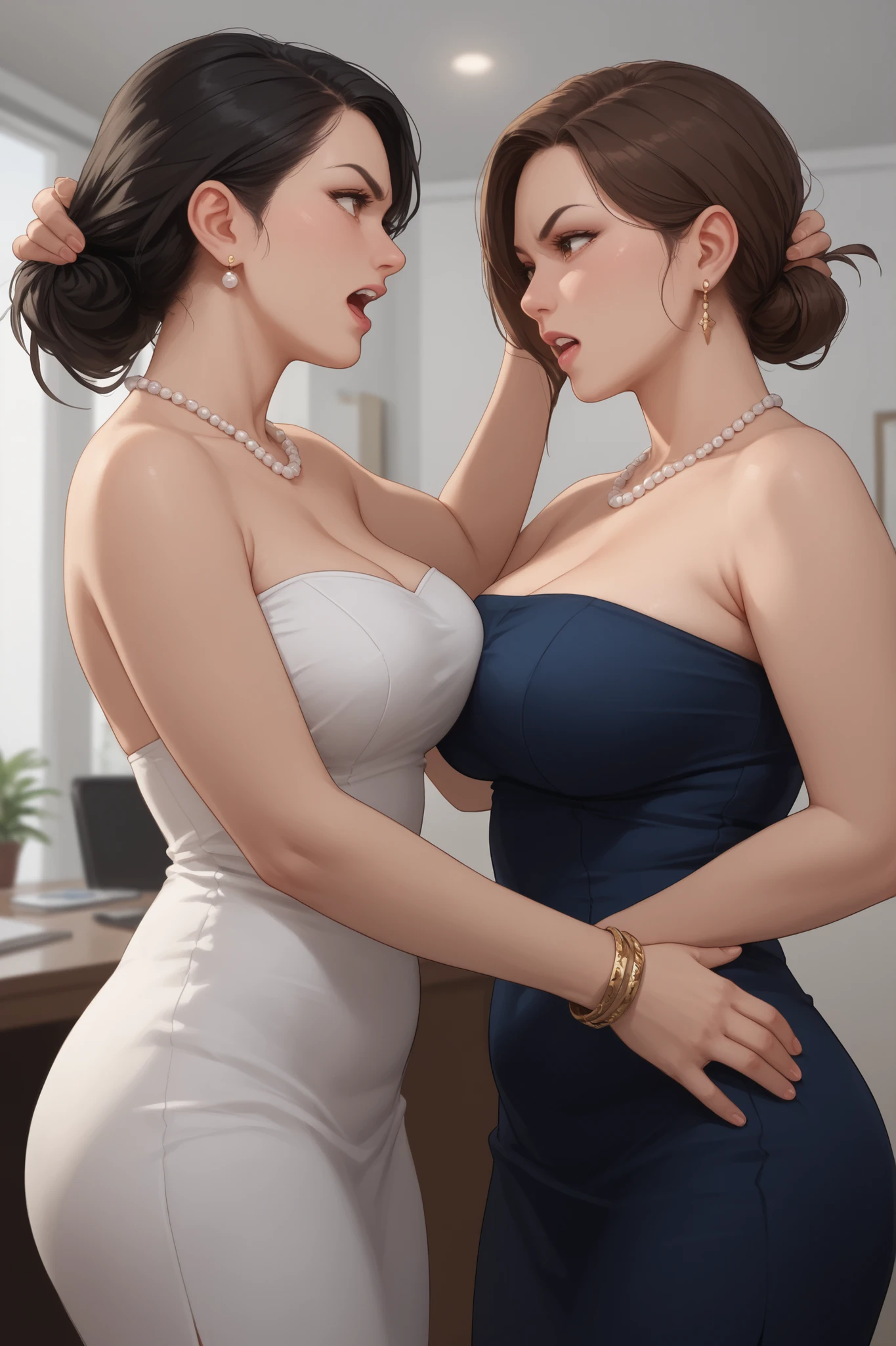 multiple thick body (mature women age 40 milf super model) naked wearing necklace hair in a bun, ((((1male age 20 looking up at 1mature woman age 40, breasts on face, grab breasts, grab backside)))), patio garden
