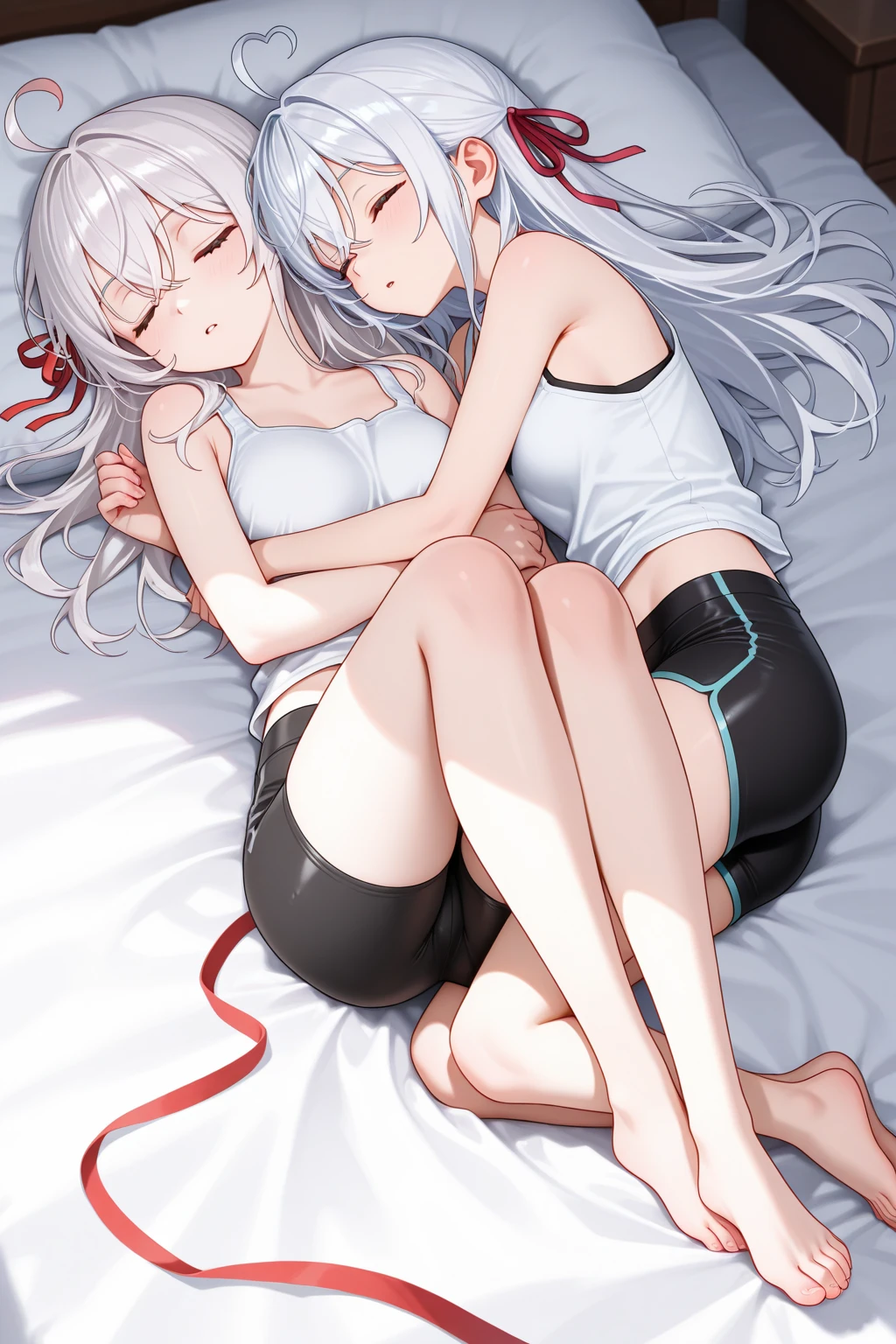 an anime girl , wearing grey tank crop top , sleeping in a futuristic bed , one hand behind her head , eyes closed , open mouth
