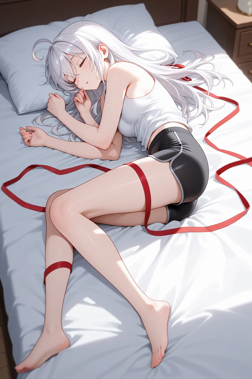 A girl who is tied up,White-skinned,Wear ultra-shorts,Lie down in bed