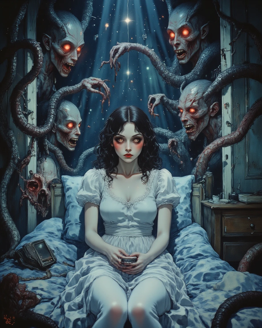 Show a person paralyzed in bed, eyes wide, while a malevolent, nebulous presence floats above them. The entity has a spectral, frightening appearance, with tentacles or arms reaching out toward the person."