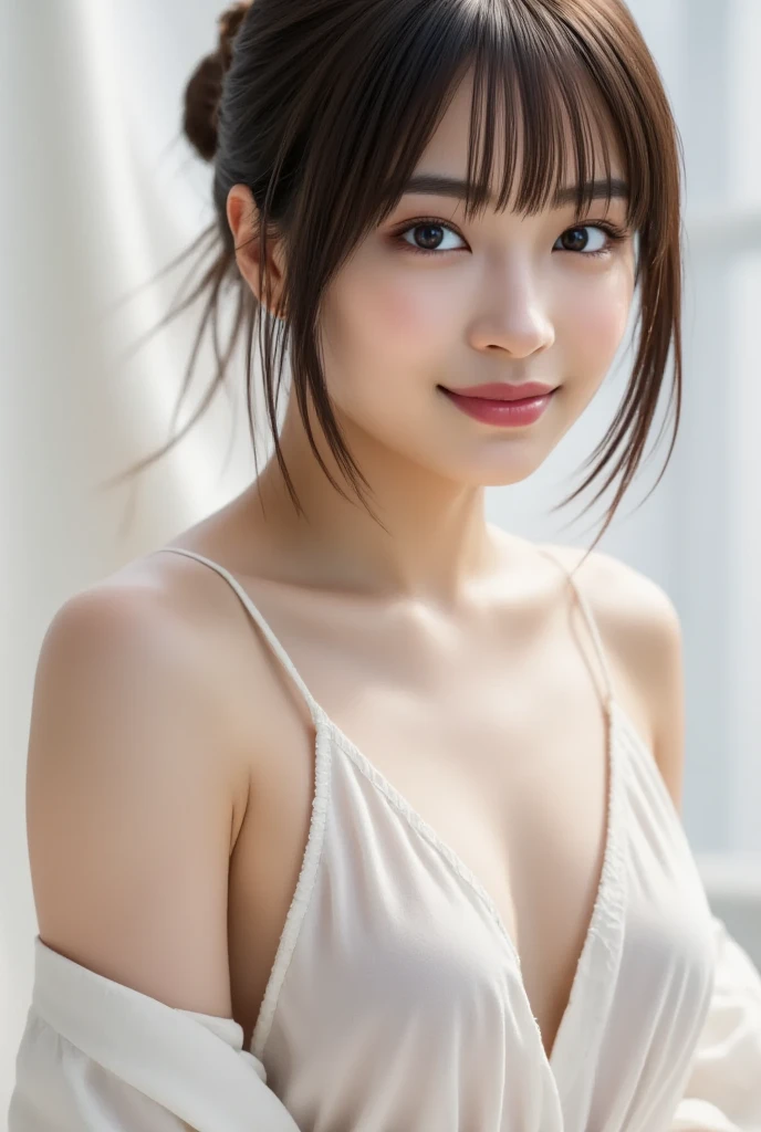 (Skin Blemishes: 1), (Skin Dent), Black Eyes, 1 Female, 23 years old, ((((Female))), Solo, Realistic, Best Quality, Photorealistic, Masterpiece, 8K, High Resolution, Solo, Highly Detailed Face, (Professional Lighting, Bokeh), (Light Particles, Lens Flare, Luminous Particles: 0.6), (Dynamic Pose: 1.2), Soft Lighting, Angle from Above View, Fashionable and trendy atmosphere, Japan, Kyoto ((morning)), ((viewer watching)), (looking at the camera), (portrait: 0.6), gorgeous, kneeling, maintaining original facial proportions, full body, (small breasts), (medium hair), slim body, face length, (brown hair: 1.5), floating hair, lips, lipstick, seductive smile, teeth, smile, nogizaka 46, uniform, short hair, seduction, Embarrassing, sexy