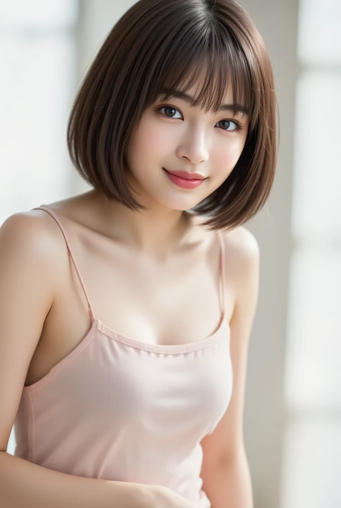 (1 Girl )、(24years old,Beautiful Japanese,round face、Refreshing、clear、seems kind、stylish、Pitiful、cute like an angel、cute、black eyes、(Single eyelid:1.3)、(Beautiful skin), {(Japan human face:1.1),(General facial features)} , (((Beautiful breasts:1.0))),(((soft breasts))),(very cute),(enchanting eyes),(highlight on eyes:1.2)、(brown hair),(short hair),(8K、Live shooting、highest quality、masterpiece:1.2、optimal lighting),((Photo taken by a professional photographer)),(real、photo real:1.4),BREAK,{ ((pink nurse costume)),},break, hospital,from below,(((1970s vibe)))、Hospital ,face shot:1.0,クローズアップ、,sitting,(Smile:1.2),,(looking at viewer),,(Purse lips),leaning forward