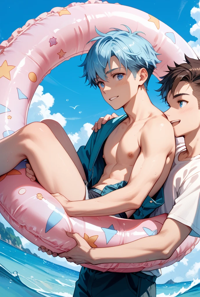 2 young men, focus man , Yaoi, pair,smile, Mermaid, Fantasy,The best aesthetics , best quality, Amazing quality, The best aesthetics, Not wearing a shirt, naked,  penis, have sex , naked, 25+
