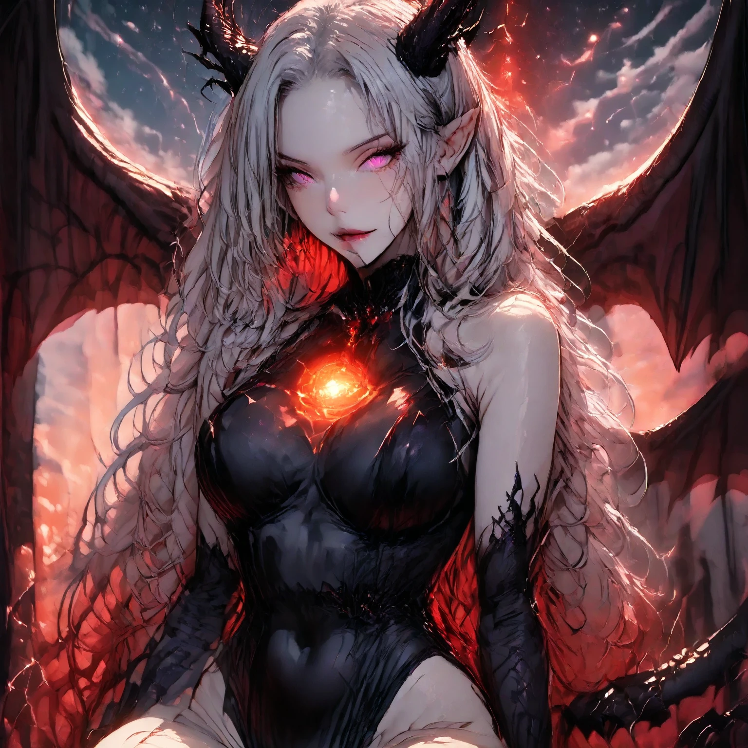 His chest was covered in blood、Anime girl with blood dripping from her chest, gapmoe Yandere grimdark, Shatia Bradfren, Bad guy anime 8k, Yandere intricate, portrait gapmoe Yandere grimdark, Vampire Girl, bloody + Concept Art, Yandere, Anime style 4k, Blood at the corner of mouth,Small tiger teeth,Devil Wings, Gothic girl anime long skirt,Red Moon,castle
