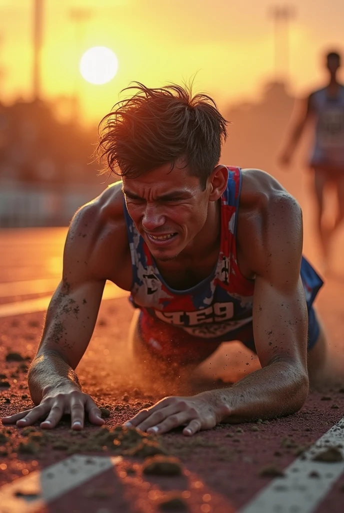 a rich combination of vibrant colors including reds, blues and whites. Splashes of paint, in the style of Jackson Pollock, adorn the composition, representing the intensity of a race. In the center of the scene, an athlete meticulously cut out of a magazine is positioned at the starting line. His muscles are tense, and the race track stretches straight and flat before him. The starting blocks firmly support his feet as he prepares for the explosive start under focused artificial light. The grainy black background (reminiscent of the VHS effect) surrounds the entire scene, giving depth and dynamism. The athlete's facial expression is focused and determined, with his eyes fixed on the track in front of him. His eyebrows are slightly furrowed, and his lips are pressed into a firm line, reflecting anticipation and readiness for the imminent start. Graffiti, doodling, best quality, Artwork, representative work, official art, professional, ultra intricate detailed