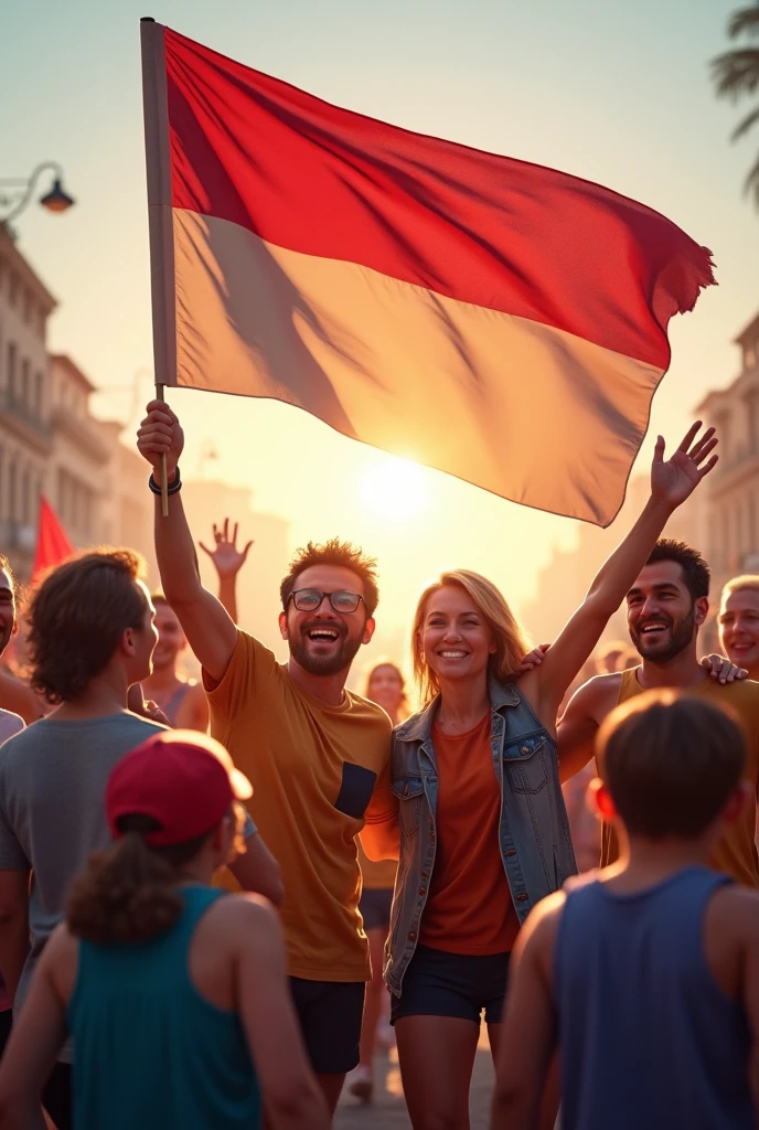 A bunch of people with red and white flag at a party