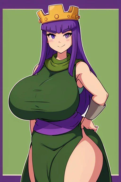 archer queen, green outfit, purple waist sash, hands on chest, smile, sleeveless, white outline, village, highly detailed, (gigantic sagging breasts:1.4)