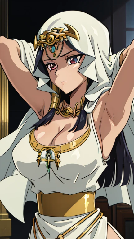 pieces fly, highest quality,1 girl,close your mouth, Eye of Horus, brown skin woman, alone, long hair, black hair、 eyes are blue, white hood、Jewelry is, one piece, Egyptian, have cleavage,(ticker:0.6)、、NSFW、beautiful girl with beautiful details, very cute, beautiful girl with beautiful details, professional photography lighting, highly detailed eyes and face, Beautiful eyes in every detail、beautiful fine hair, Beautiful and detailed cold face、Topless、anime、mature woman、((torture、torture部屋、Hands and feet are tied、hands and feet tied、spread legs、Completely naked、Both armpits exposed、short hair、NSFW、Breasts fully visible))