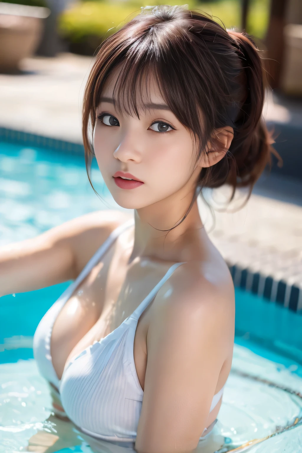、（(floral bikini)), swimsuit, skin color, huge breasts,  wet hair, laughter, (8K, RAW photo, highest quality, masterpiece: 1.2), masterpiece, super detailed, 超A high resolution, (realistic and realistic photos: 1.37), High-definition RAW color photo, very delicate and beautiful, very detailed, 8k wallpaper, amazing, detailed, very detailed目, very detailed肌, very fine fingers, hvery detailed nose, very detailed口, perfect anatomy, Upper body, wet body, swimming, Translucency、Transparency、Small swimsuit、Nogizaka Idol、korean idol、Gravure idol pose、、25 years old、expensive、Cafe、restaurant、Italy、American、Australia