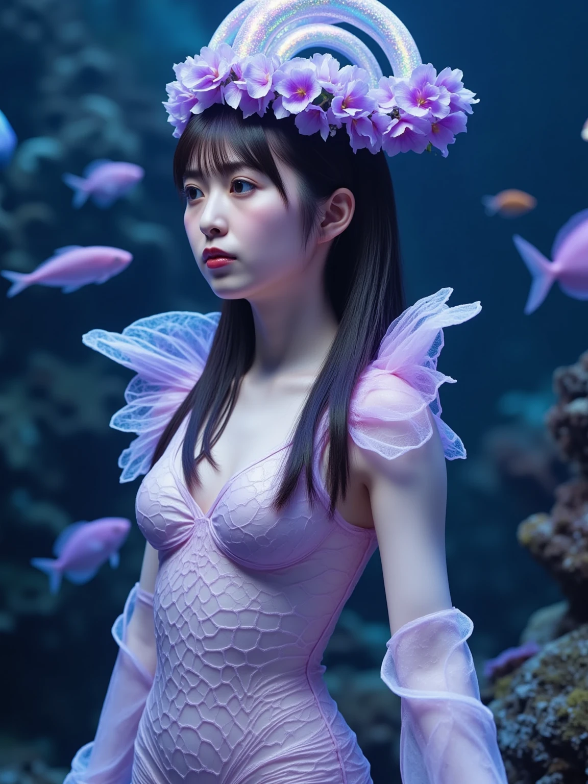 best quality, detailed, beautiful, insanely detailed, absurdres,perfect anatomy,
Japanese woman,black hair,27 years old,
(slender),
(small breasts),(under the sea:1.4), smiling, dancing, floating, messy hair, (sharp focus, translucent fluttering dress with lace:1.2), full body shot, from front