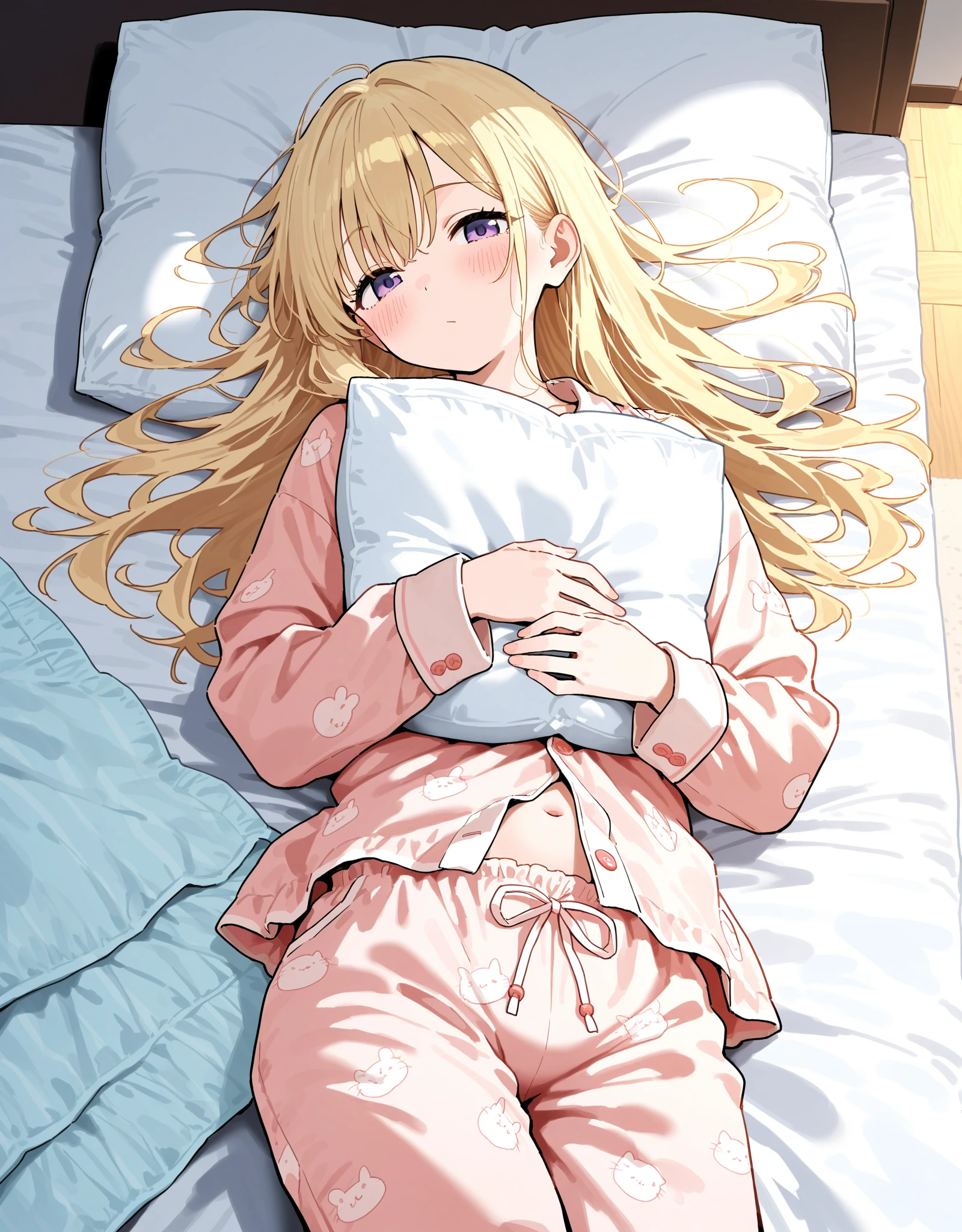 16 year old girl measuring 168cm blonde with long hair and bare forehead warm green eyes quite outgoing and very happy playing video games in pajamas