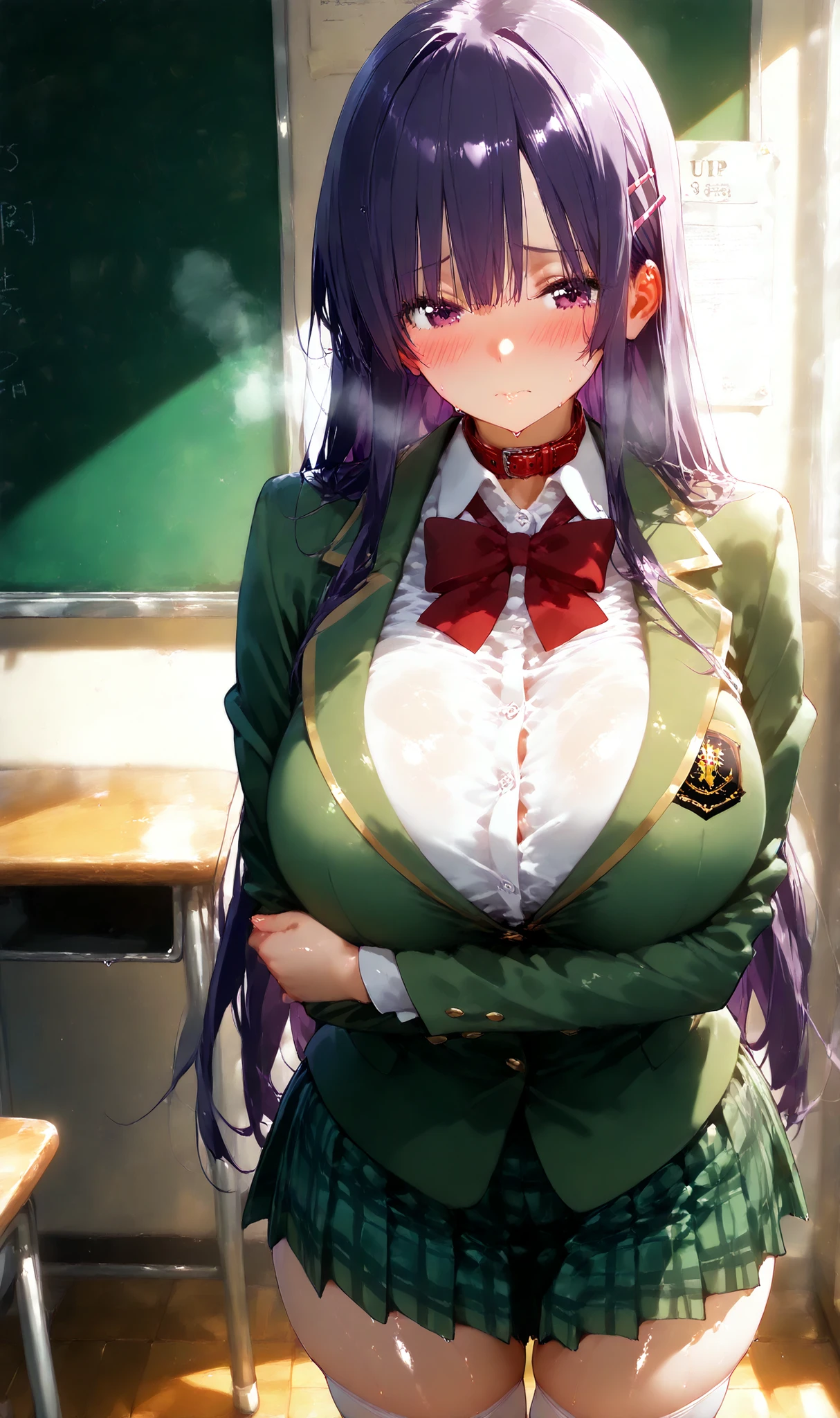 purple hair, blue eyes, sitting in class at a desk with crossed legs until the bottom of her thighs are visible, horny facial expression, wearing a very mini green skirt, wearing a school shirt with a green collar with open cleavage so that a little colored bra can be seen purple, has a beautiful body, thighs and whole legs, sexy and plump, the atmosphere in the classroom is quiet, the lighting is a little sky blue