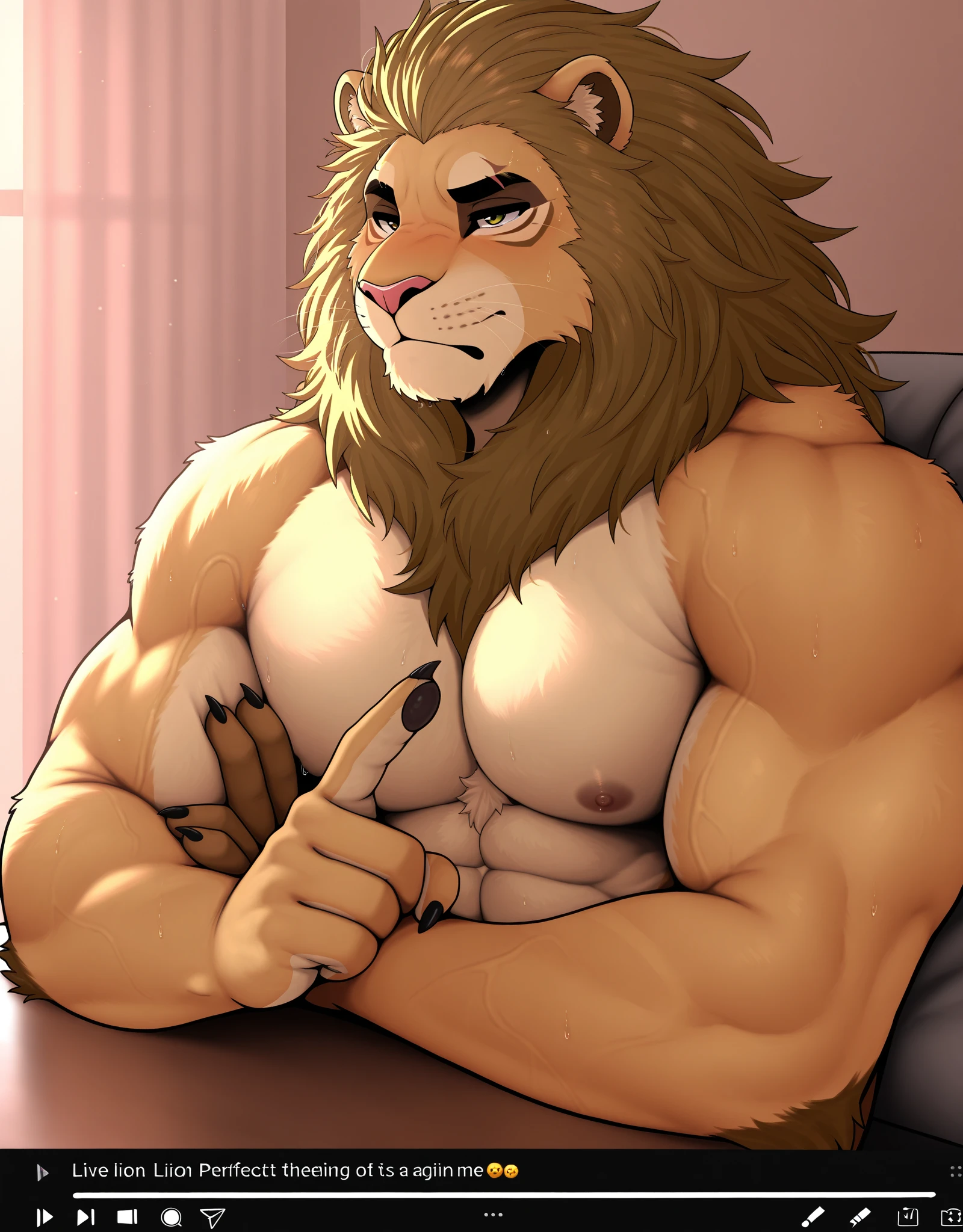by personals, by place, by honovy, by taran violinist, male, 2 Characters, the second (lions), Adults, ((photorealistic, Hyper realistic, ultra detailed, 4k high definition)), pose natural, (muscular, well-built, male nipples, big pecs:1.3), ((having gay anal sex with another male character in different homosexual sexual positions)), ((nudes)), ((both with a blushing expression of effort and open mouth)), uncut penis, big penis, anatomically correct, big muscles, big male thighs, hairy body, hairy chest, hairy abdomen, Velvet arms, abundant pubic hair, ((background of a room))