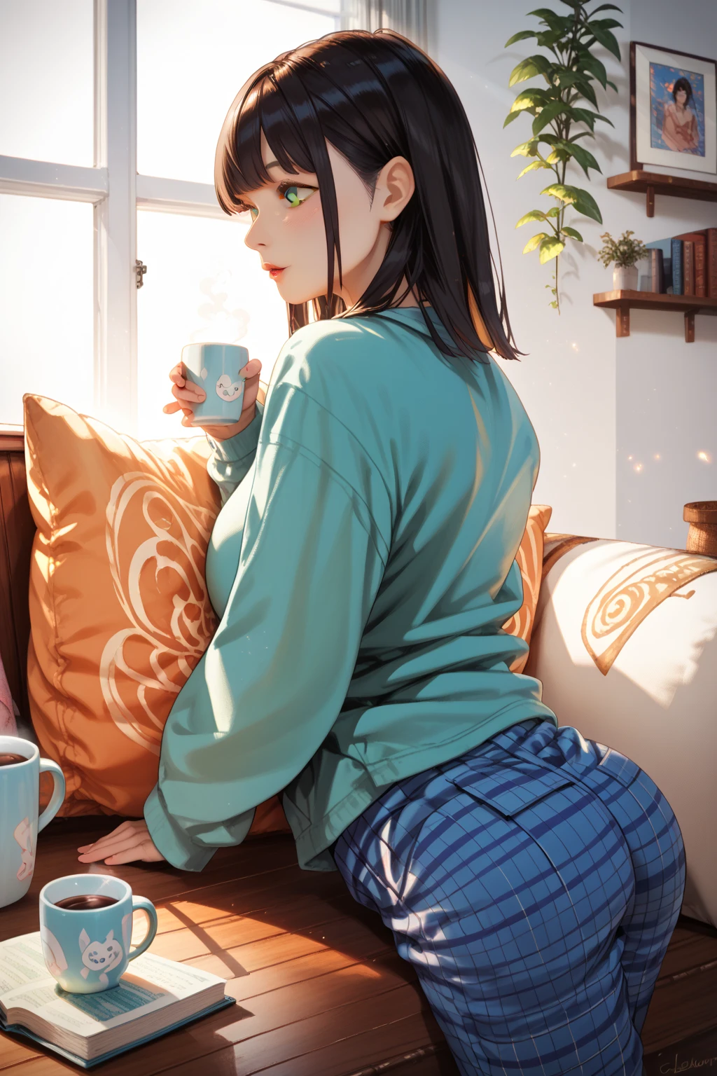 (masterpiece, best quality), best resolution, (2heads:1.5), 1girl, black hair, green eyes, eyes closed, open mouth, yawning, relaxed, arms stretched up, hands over head, blue t-shirt, black pants, sitting on a couch, living room