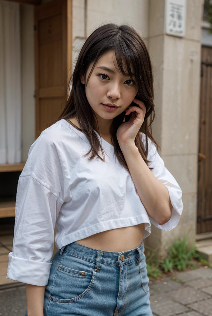 (Looking at the camera,looking at the camera),bent over:1,bent over:1,((The skin is wet from sweat)),Cleavage,Inside the house,entrance,Wearing a shirt,Looking down,Troubled face、Skirt Lift、Lift your skirt with your hands,woman, 20-year-old, Short Hair、bangs、(Plain Skirt),(White lace panties)、Cute earrings