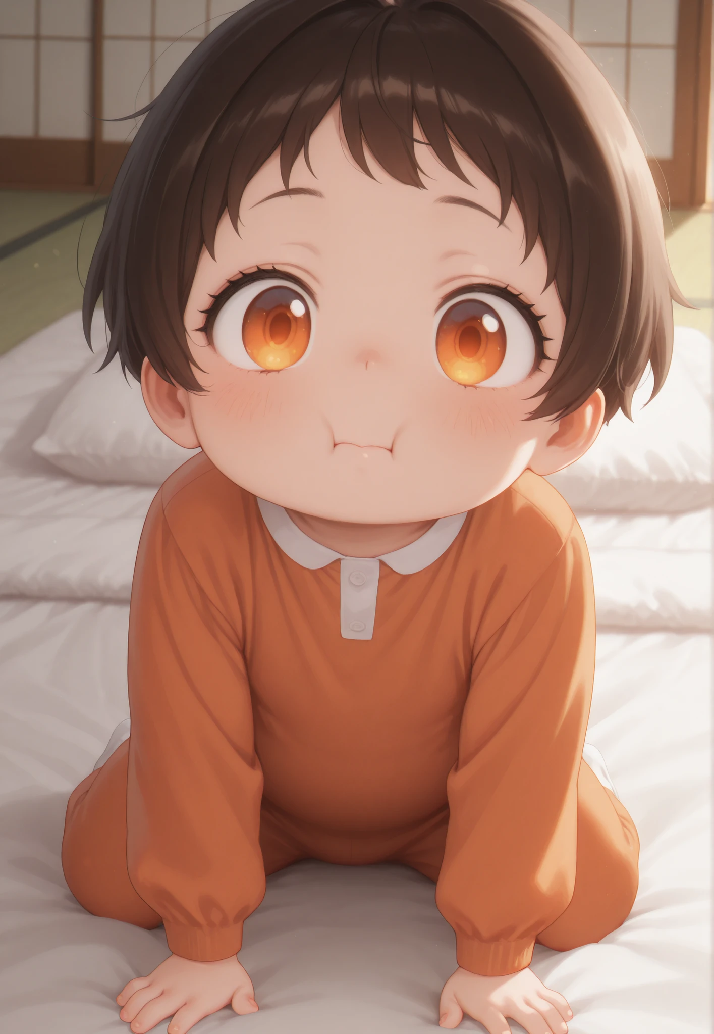 masterpiece, better quality, newest, safe, good anatomy, good resolution, good lighting.  beautiful, anime, , adorable. Little girl, Dark Brown Hair and Short Hair. Intense orange eyes. black eyelashes, piel clara, plump cheeks. Adorable 6-8 month old baby. watching the spectator, Alone, bottom: bedroom, futon. Natural and safe poses. wearing clothes: complete and suitable children's clothing.