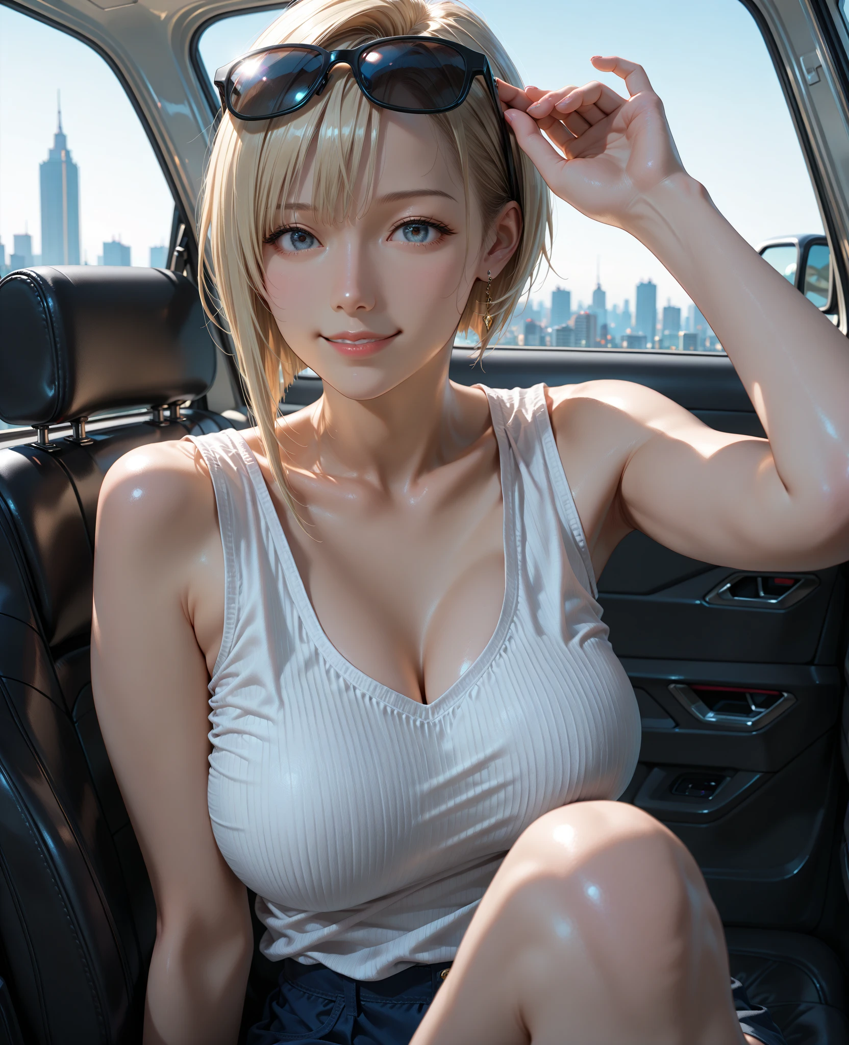 (Cinematic Digital Artwork: 1.3), High quality, masutepiece, of the highest quality, Super Detail, Illustration, [4K Digital Art]、 lndswgnr, (Sharp Focus: 1.5), (Moody lighting:1.2), depth of fields, Bokeh, 4K 、High resolution, ultra-detailliert, the Extremely Detailed CG Unity 8K Wallpapers, Realistic, Photorealsitic, Raw photo, beautifull detailed face, pale skin, realistic glistening skin, Detailed Cloth Texture, detailed hair texture, Perfect body, Beautiful face, acurate, Anatomically correct, Highly detailed face, Eye and skin texture, Natural neck length, (Beautiful eyes), (Beautiful hands), (Glossy skin:1.2), thin legs, Thin feet, Detailed people、A detailed face、细致背景、 


Dramatic makeup、makeup、Pinky Pink Lip Stick、eye make up、mascara、eye liner、eye shadow、Light purple colored contact lenses in the car、Sit in the passenger seat、Smile、POV, Luxury Fashion、Black smoke window、fishnet tights、Beautiful legs、beauty legs、Oil skin、
