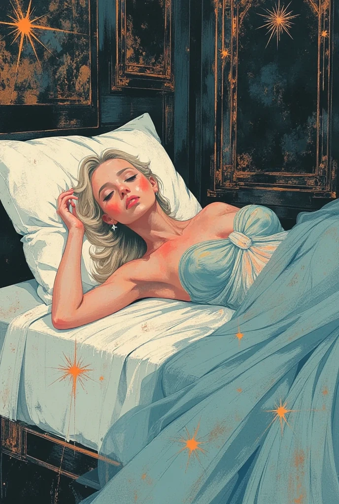 
(Caravaggio light), Rembrandt style, 
the ends of the hair turn into rays of light,
 night, fullbody, full body,
view from above, top view, from above, lying,
a (girl in blue underwear) lies on a double bed, a girl lies on a double bed in a bedroom with blue walls, t pose, arms in different directions, a girl glows from inside, hair turns into light, light from her chest, glowing outline, dark atmosphere, (dream catcher), double bed with a blue sheet, 
shadows, 
glowing hair, light hair, light skin,
adult, [Nordic], Hourglass elongated fitness body, 
((glowing skin)), Oval Face, Long neck, Rounded shoulders, perfect hand,  Attached Pointed ears, round forehead, ((Short blonde Waves pixie hair)), snub nose, Arched eyebrows, closed Eyes, High Round Narrow cheekbones, Dimpled Cheeks, Rounded Chin, Rounded Jawline, Fine Puppet Wrinkles, Full nude Lips, (glowing closed eyes), Nude Makeup Look, long eyelashes, Hourglass-shaped hips, Slim thighs, long slim fitness legs, third breast size, Linear Hourglass-shaped abs,  
 
graphic style of novel comics,  2d, 8k, hyperrealism, masterpiece, high resolution, best quality, ultra-detailed, super realistic, Hyperrealistic art, high-quality, ultra high res, highest detailed, lot of details, Extremely high-resolution details, incredibly lifelike, colourful, 