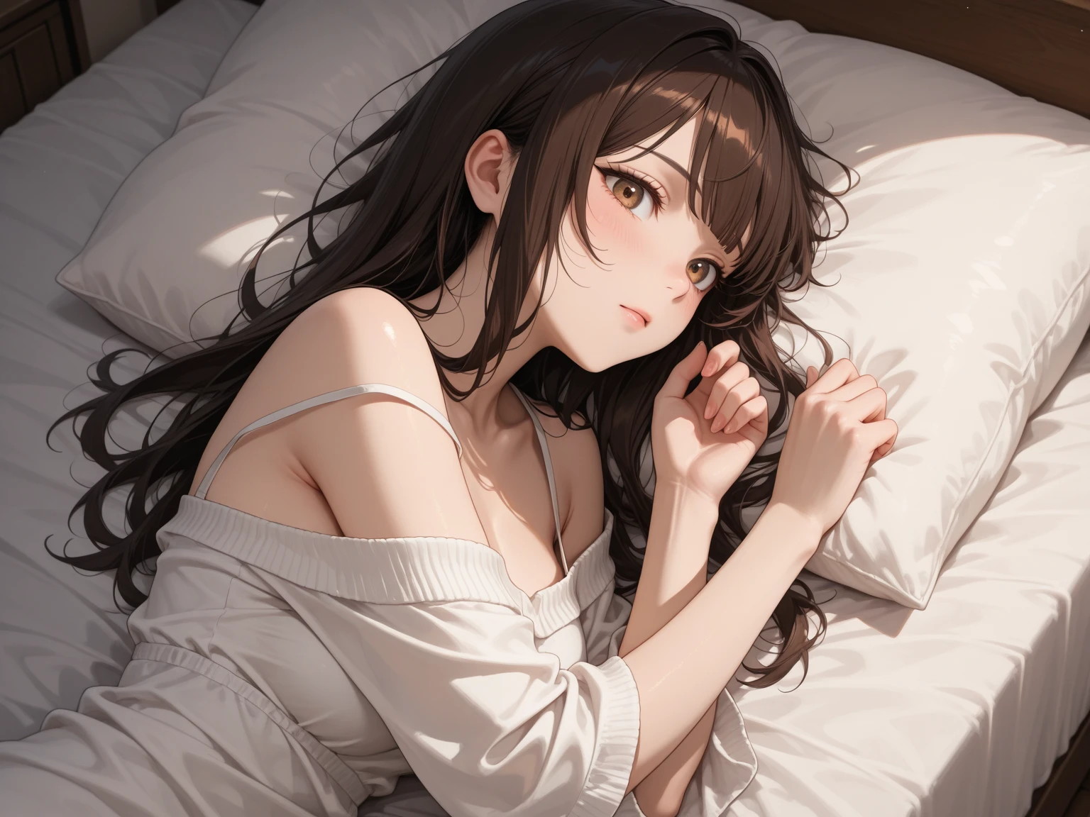 ((Realistic lighting, best qualtiy, 8k, tmasterpiece:1.3)), sharp fokus:1.2, 1girl, Beautiful big breasts with perfect figure,A coquettish expression:1.4, Slim abs:1.1, ((dark brown hair)), (White crop top:1.4),(Lie down in bed,during night:1.1),the city street,Ultra-fine face,Fine eyes,二重まぶた,