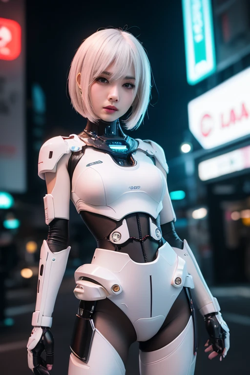 Create an ultra-highly detailed, 8K resolution image of a futuristic cyborg street fashion model, Ayanami Rei from Neon Genesis Evangelion, posing confidently in the midst of a bustling New York City street, illuminated by soft, natural light. Incorporate elements of cyberpunk style, paying homage to the aesthetics of Cyberpunk 2077, while maintaining a strong focus on realism and attention to detail. The image should showcase the intricate textures and refined features of the character's advanced technology, while conveying a sense of power, mystery, and sophistication. Consider using advanced rendering techniques and lighting effects to create a truly immersive experience for the viewer.