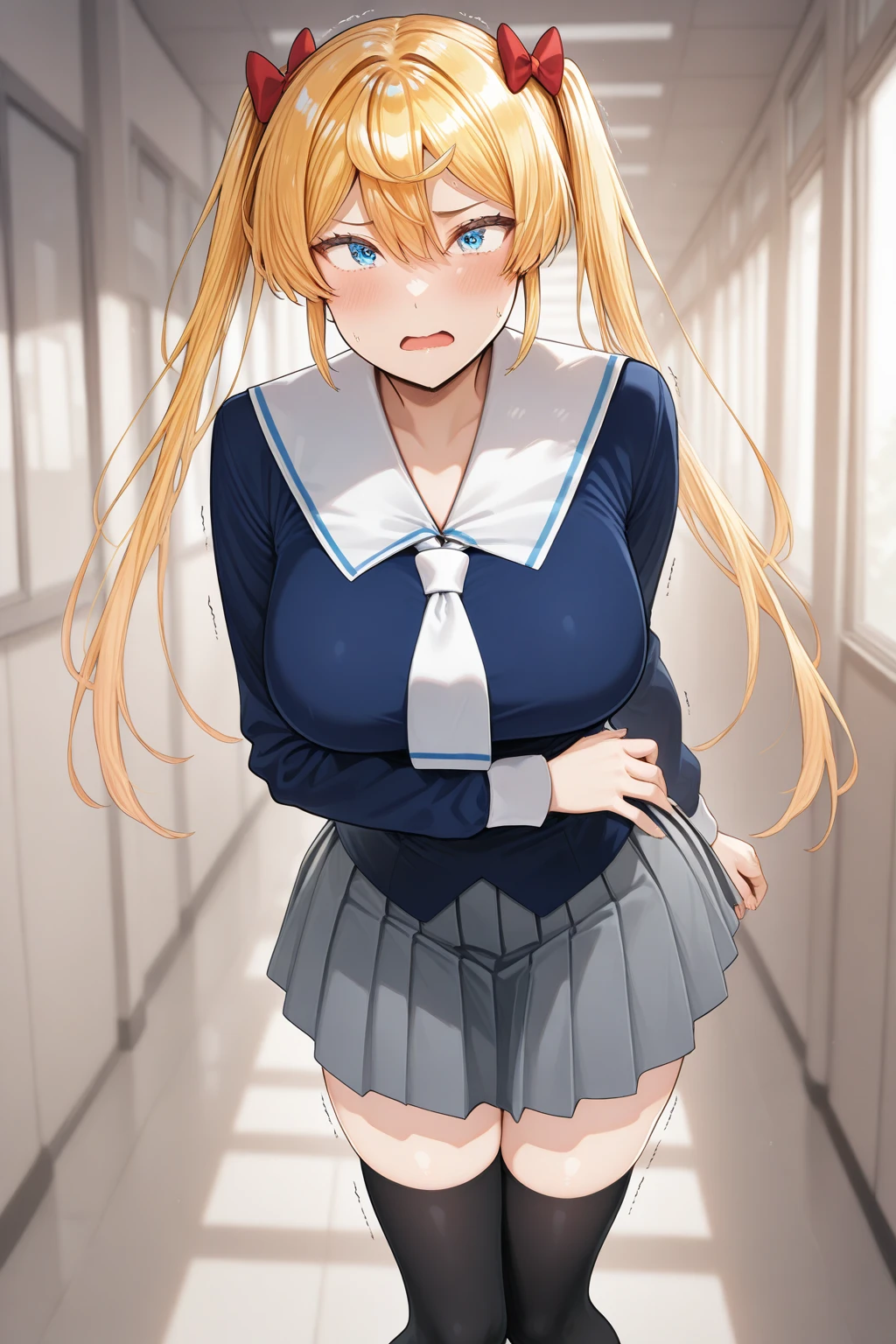 highest quality,wonderful,finely,Very detailedな CG ユニティ 8k 壁紙、(Contemptuous Eyes、Glaring expression:1.4)、train、whole body, (Sailor suit), (Black see-through underwear:1.3),Pussy juice,(Black Stockings:1.1),(Thighs:1.2),(From below:1.1)、(Stand up and put your feet up:1.2),　(highest quality:1.2, Anime artwork, Very detailed, High detail, digital coloring, High Contrast, masterpiece:1.2, highest quality, Best aesthetics), (((kitagawa marin, 1 girl))), Blonde Hair, Straight Long Hair, Pink gradient hair, Red eyes, Earrings, White shirt, Black choker, Blue tie, Check skirt, Wet vagina、Semen overflowing from the vagina、