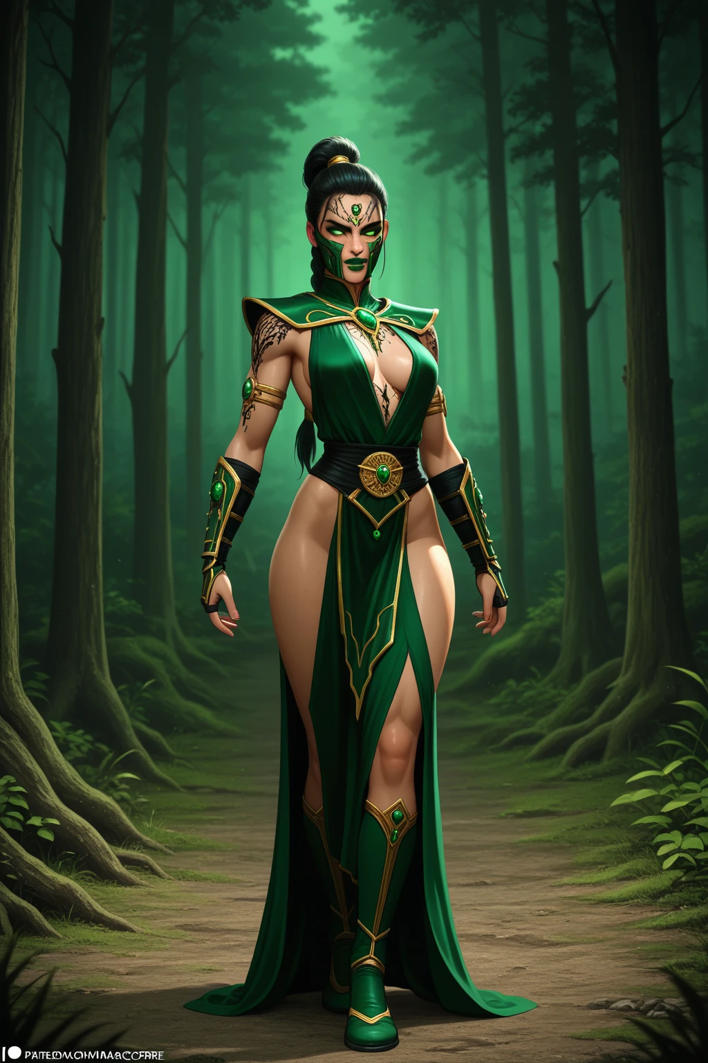 ((Jade from the mortal kombat series))(she has big glowing green eyeballs)((skin tanned))(bright red lips) (long straight black hair)((very big tits)) (perfect slim body) (wear green clothes, Long green gloves, Long green socks), (hold a metal stick in your hand) (posing sexy inside a dark temple) (High definition, volumetric lights and dynamic shadows)((work of art))(8k)(face perfect)(ultra details) (perfect hands, eyeballs, Yeah man)(struggling pose)