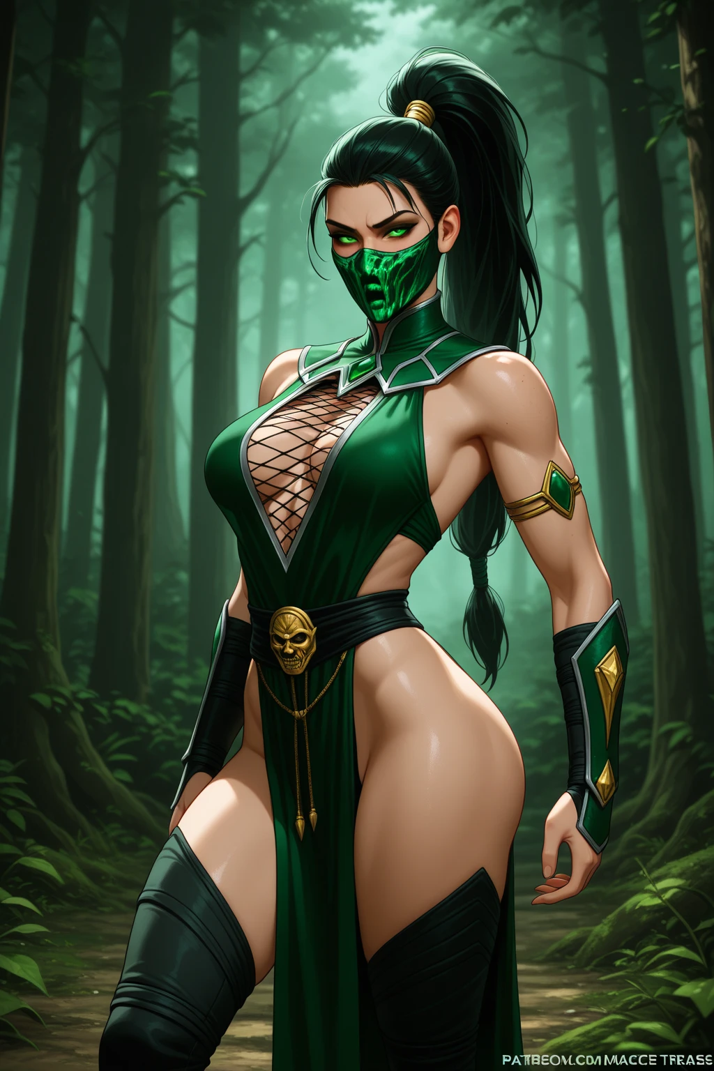 (masterpiece, highest quality, highest quality, official art, beautiful and aesthetic:1.2), (1 girl:1.3), (fractal art:1.3), alone, Jade from Mortal Kombat, Mortal Kombat Video Game, black headband, long hair, huge breasts, beautiful face, face mask, asian women, green black ninja uniform for women, black gloves, black brown hair,green long socks, green long shoes, In her hand is a long fighting stick, big breasts,sexy ninja green uniform , earrings, abdomen, belly button,Tight, looking at the viewer, Upper body, combat readiness, What happened to the Mortal Kombat logo background behind Jade?