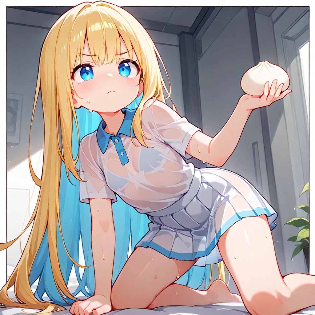 Browsing Caution,Only one person,(Petite),((Groin bulge)),Sit with your legs apart,Blonde woman with low pigtails,lips,Sweat,White Breath,Nurse uniform,The gaze of the viewer,A begging expression,Showing his erect penis to the viewers,(ejaculation),Pokémon,Lillie