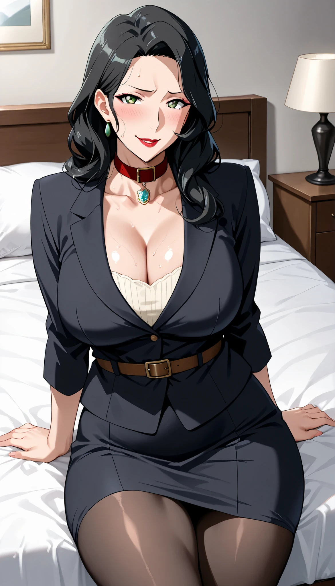 score_9, score_8_up, score_7_up, score_6_up, score_5_up, score_4_up, Source_anime, Tag 1 , Tags 2, Quality_masterpiece, anatomically accurate, beautiful face, perfect face, 非常に精巧なbeautiful faceと目, charming face, detailed face, delicate facial features, detailed skins, wide hips, huge ass, big butt, thick thighs, mature woman, long hair, Bedroom Eyes, Sweaty Break Ratings_Safety, high angle view, Maternal face, Bedroom, detailed eyes, Seductive face , sitting in bed, Seductive face , mature woman, Mature Woman, sensual woman, voluptuous body, big boobs, black pantyhose, Mature Woman look, sensual woman, Sensual Expression, beautiful woman, elegant woman, Mature Woman, Sexy Body, toned body, Bedroom, Single Woman, naughty face, Shy, Embarrassing Responses, Mature Woman, look like a mother , mature woman, aaAsami, light green eyes, red collar, black jacket, long hair, black hair, green eyes, jacket, belt, makeup, Lipstick, enchanting eyes, fascinating expressions, Mature Woman