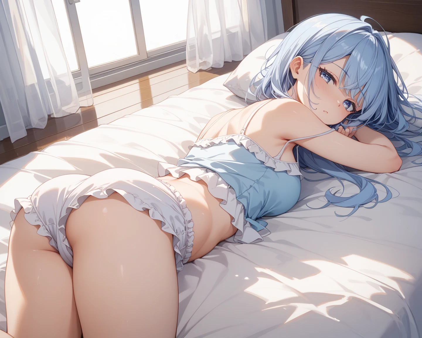 ((masterpiece, highest quality, very detailed, disorganized)),masterpiece, highest quality, very detailed, (figure, official art:1.1), 1 girl Blunt bangs,(((( light blue long hair)))), light blue hair, fantasy,10 years old, long hair ((blush)) , cute face, Big eyes, masterpiece, highest quality, young 1 girl,,((straddle pillow)),,(((((very delicate and beautiful girl))))),,wonderful,beautiful and fine eyes 、 masterpiece, highest quality, 1 girl, (From the side:1.3), (look up:1.2), chest, (Touch:1.2), (blush), (nose blush), bangs, sitting, (wariza:1.3), (close your eyes), ignored, (See-through:0.8), open your mouth, thighs, side parlor, (barefoot), (Masturbation Bation:1.2), (Girl trembling with climax:1.3), on the bed, whole body, (Sweat:1.3), vapor, Beautiful glowing skin, Coquettish skin,
