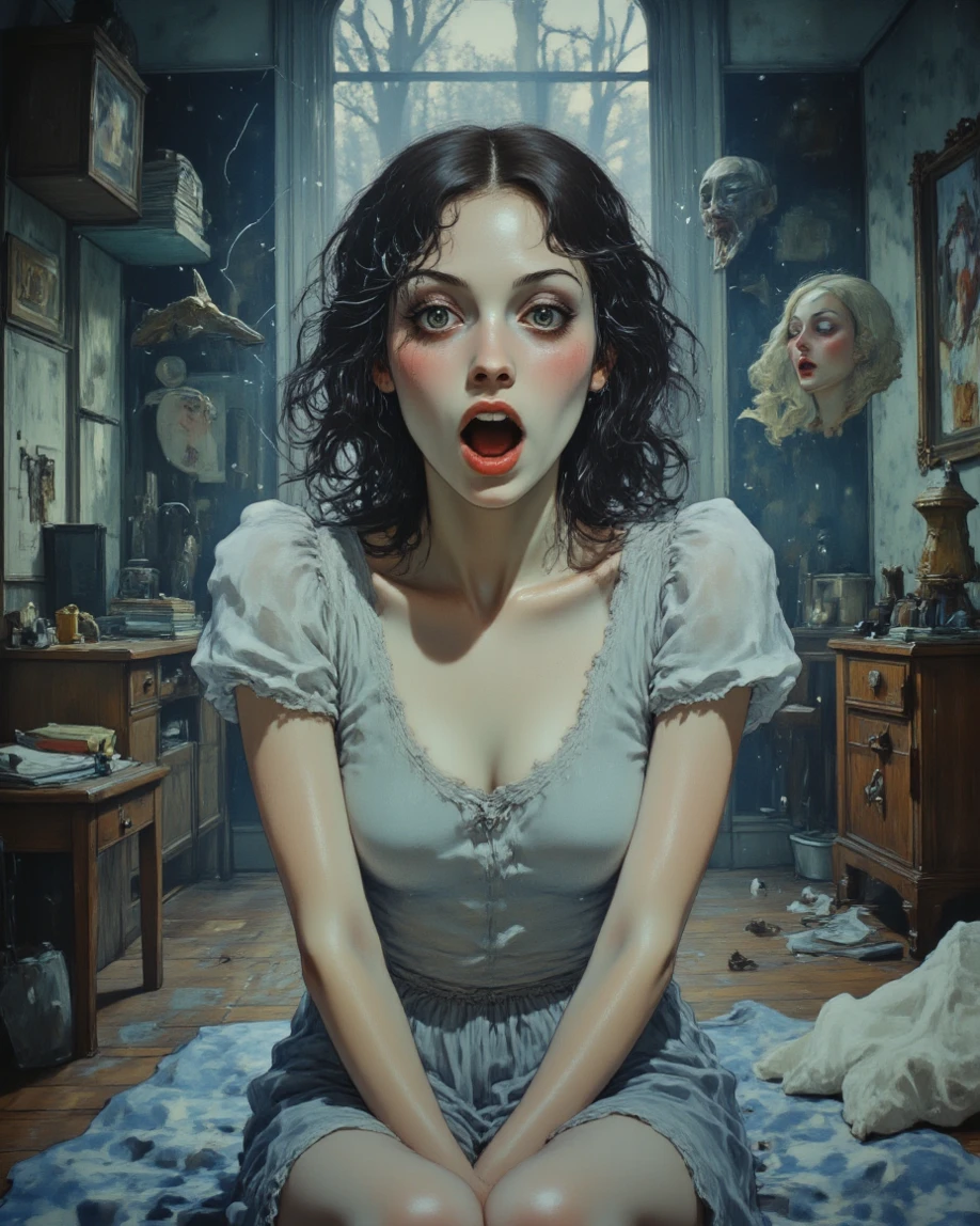 19th century, 1888, victorian London, night, one beautiful women escaping from killer, fear, hiding, realistic, colourful image, hot prostitude women fear face