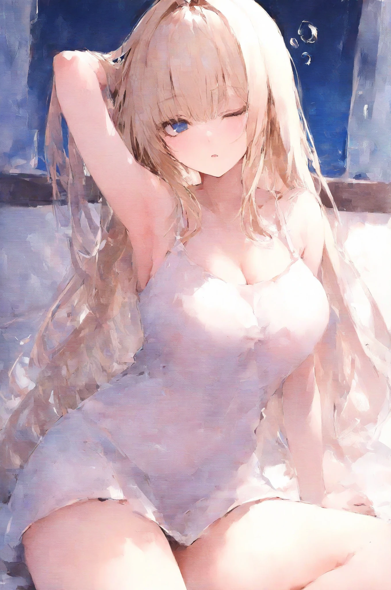 masterpiece, best quality, highres, hmmisaki, long hair, symbol-shaped pupils, +_+, large breasts, white gloves, elbow gloves, white thighhighs, smile,　　Shoulder bag　Cleavage　　Earrings, necklace, clavicle, Off the shoulder, Knitted dress, Short sleeve, White knee socks, street, Are standing, Cowboy Shot, smile, wave hands, Open your mouth, In town　　panic++++　　Embarrassed+++　　Excited+++　　Be upset++++　　(Embarrassed:1.6) 　(Embarrassed:1.6)　　　(Blushing:1.4)　　(rain:1.6)　bad weather　　rainに打たれる　　大rain　typhoon