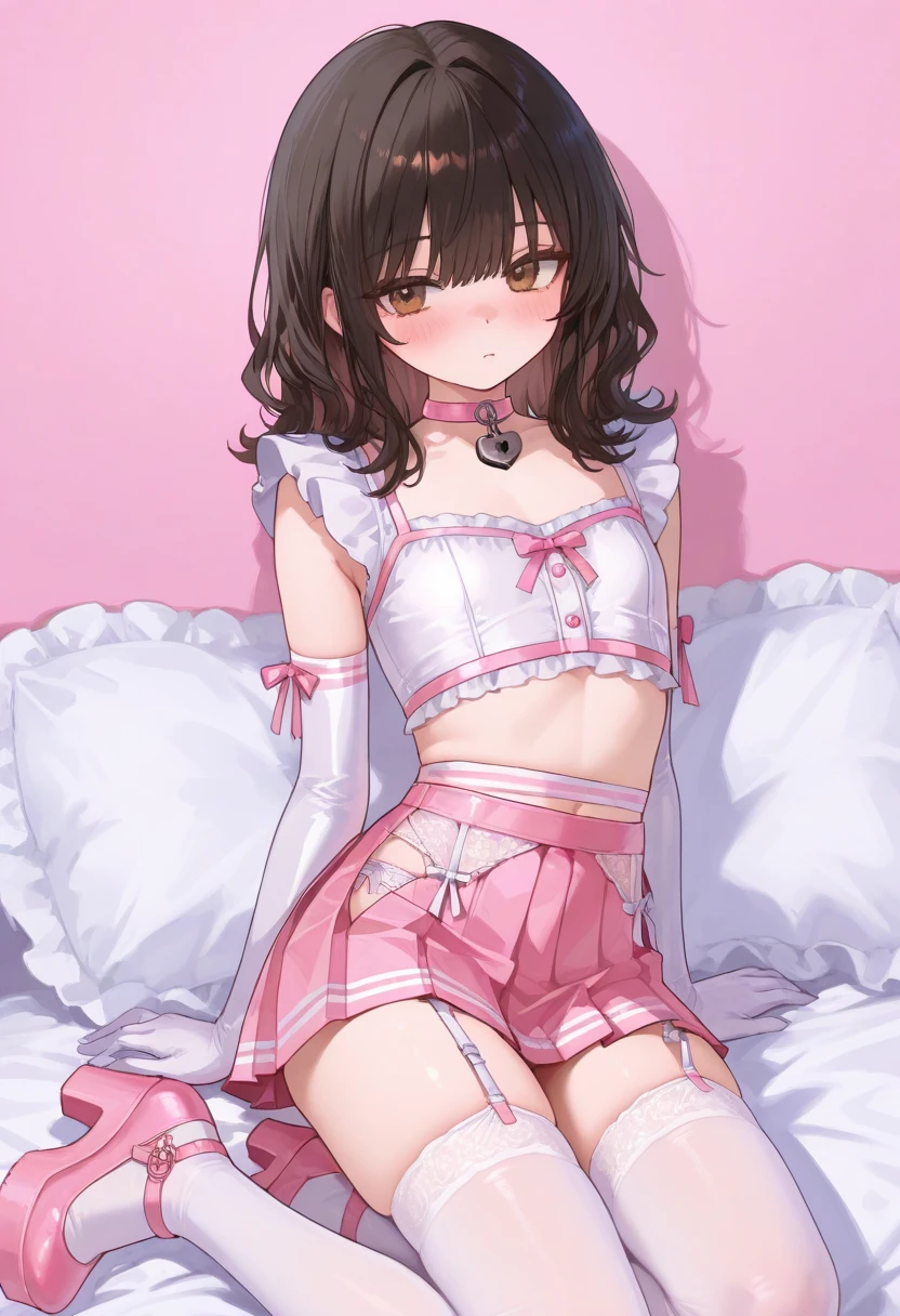(NSFW:1.1),(masterpiece:1.2), (Highest quality),(Open your mouth)、 whole body, Beautiful Skin, Super fine, Highest resolution、(Black Hair)、(Short Hair)、blue eyes、(indoor)、Sit on the bed、Patsun Hair、(blush:1.1),(Realistic), 1 girl, Laugh with your mouth open、A scornful smile、(Red checked skirt with frills:1.1)、(Hair Clip:1.1)、(Two Side Up:1.1)、(Pink Shirt:1.2)、choker、Long sleeve、、Moe sleeves、Earrings、Clothing、(Black knee socks),(Cleavage:1.1)、Small breasts、Nipple peek、Budding breasts、Beautiful nipples、Beautiful nipples、Long valley、Long 、Long chest、Heart symbol、(White bra:1.3)、Lolita、Brat、(Lolita:1.2)、Baby Face、Young face、Grinning face