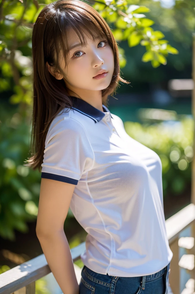 Very detailed CG Unity 8k 壁紙, Highest quality, Very detailed, masterpiece, Realistic, photo Realistic, Very detailed、Japanese women、pretty girl、22 years old、(((Wear white gym wear、Black bloomers)))、(Soaking wet body and gym clothes)、Normal body type、(Large Breasts:1.4)、Large pool、Too bright natural light、Lips shining with lip gloss、Sparkling eyes,((Stand and spread your legs:0.5))、smile、With the body facing forward、(Wet gym clothes、The bra is visible)、Looking at the camera、Shot from thigh up