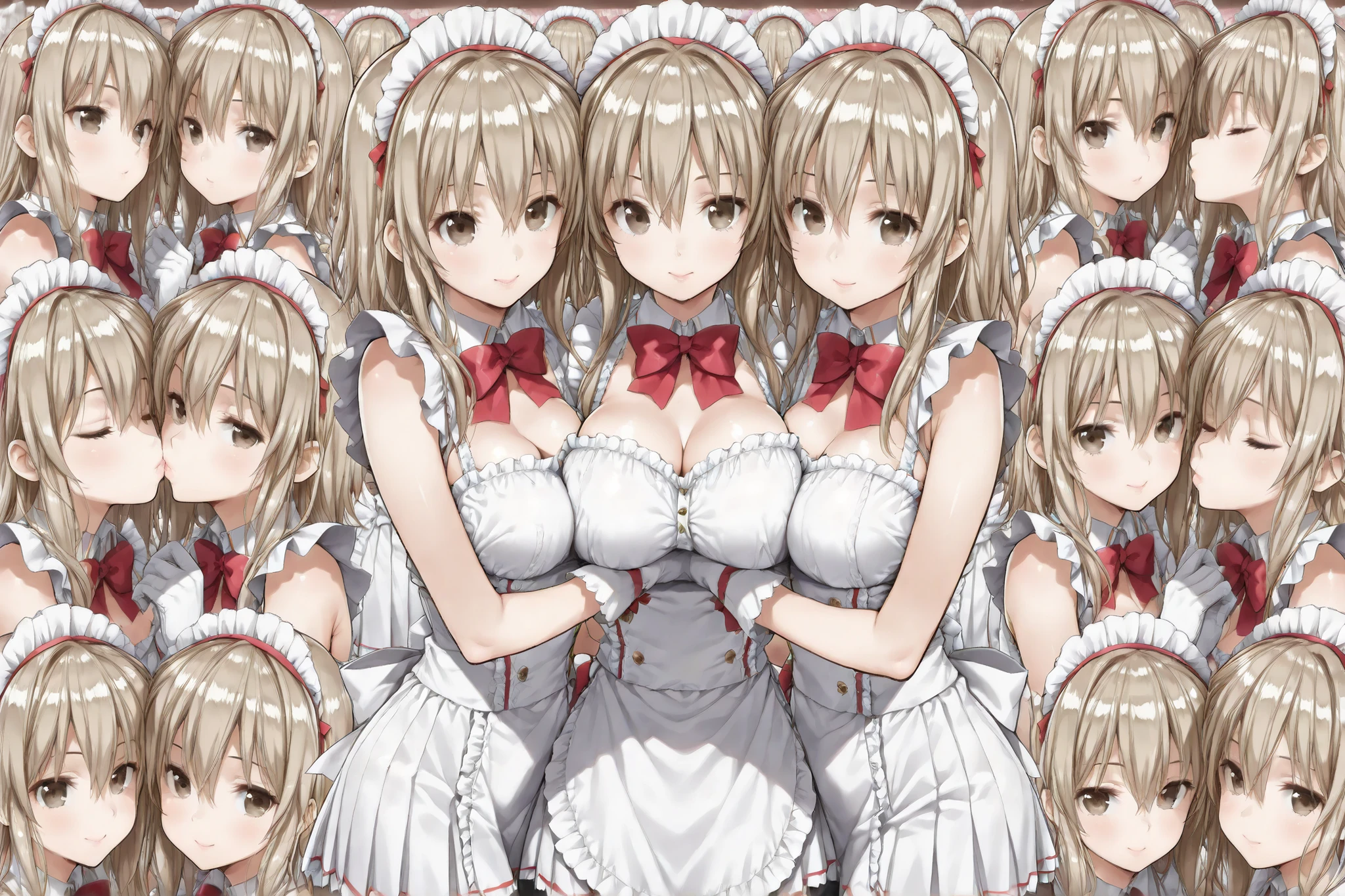 Masterpiece, 4girls, each dressed as a maid. The maids are wearing identical uniforms, beauty and cute, high detailed, dinamic lighting, vivid colours, ultra large saggy breasts, massive cleavage exposed, A giant spacecraft navigating interstellar space, Sophisticated design, huge geometric figures stacked in layers,standing, white skin, blue eyeballs, blonde hair, happys, various hair styles, harem, perfect eye, perfect face, Symmetrical eyes, well-aligned, with a natural and proportionate gaze, Observing their master with a servile gaze.