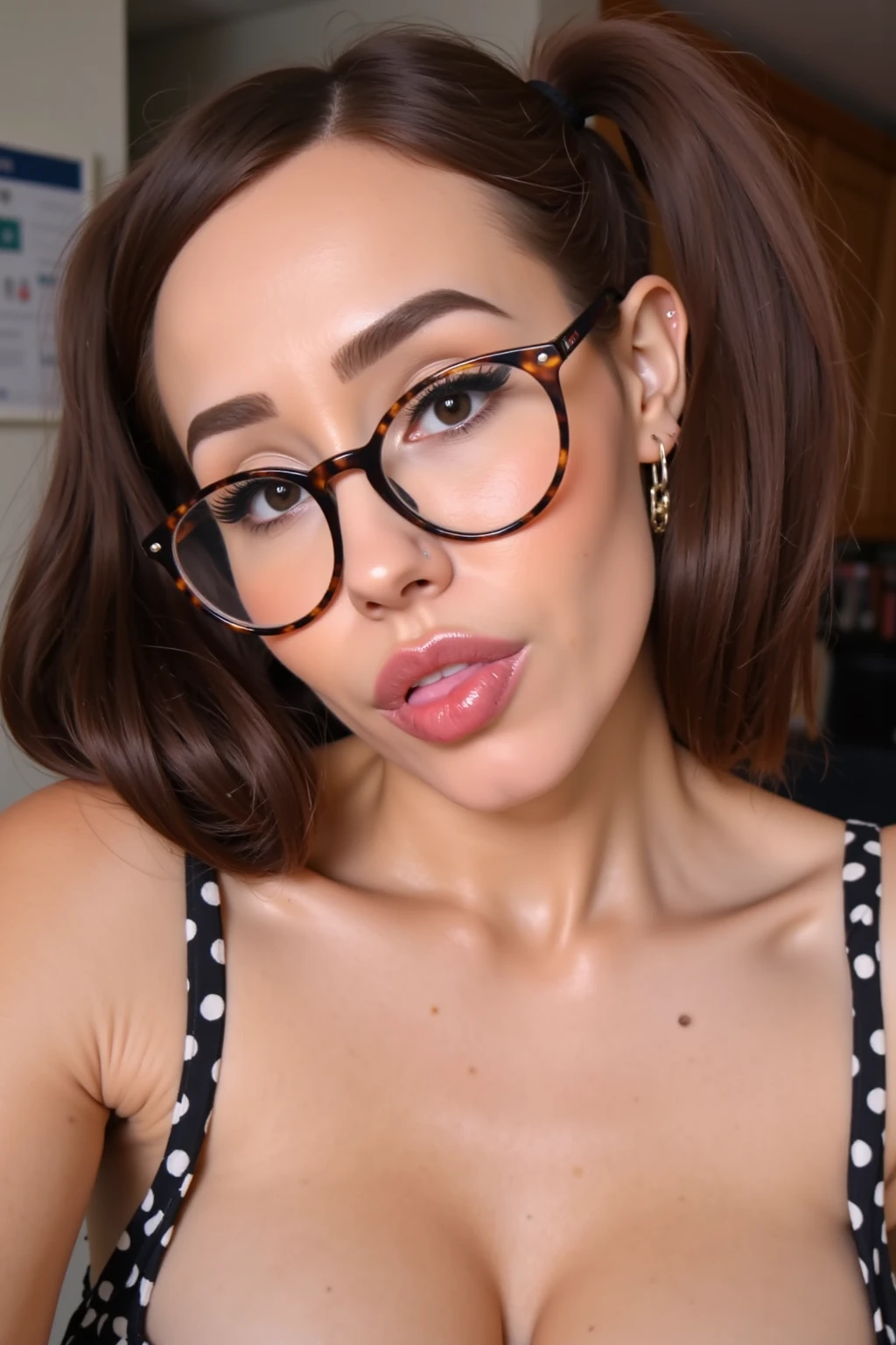 Small woman with big breasts dressed in a sexy , bobbed hair with bangs, glasses