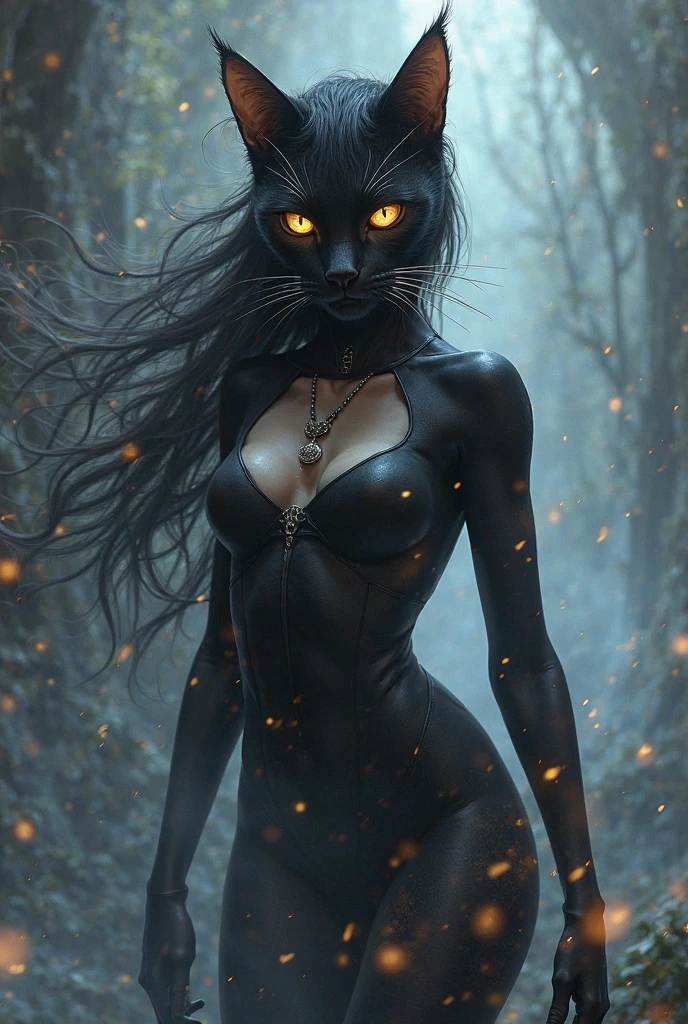 drawing of woman with black cat face full body
