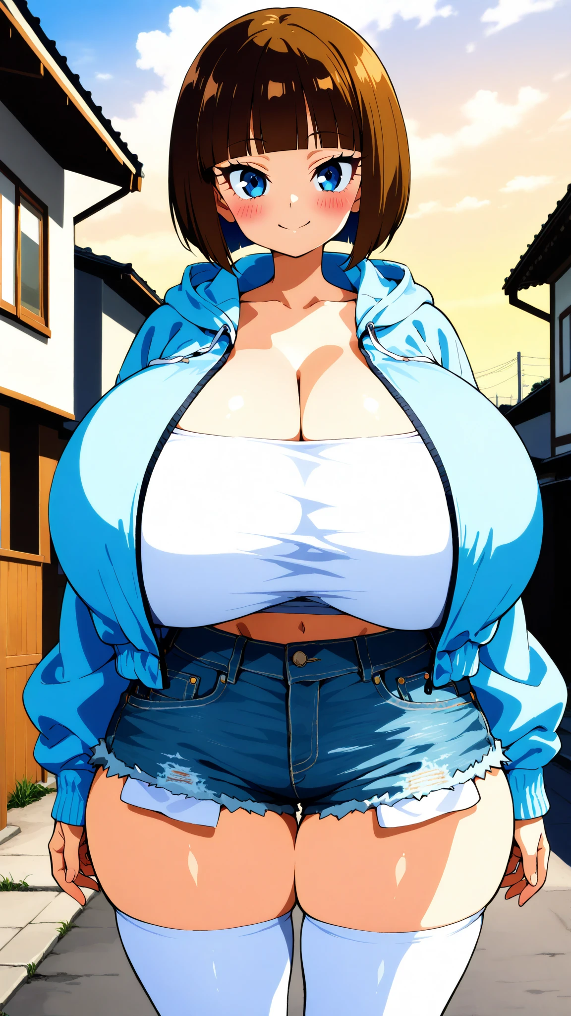 One girl, (alone:1.2), Curvy, (masterpiece:1.2), (Highest quality:1.2), (Perfect Anatomy:1.4), (Are standing:1.4), (have confidence:1.2), smile, (Large Breasts:1.4), (Cowboy Shot:1.2),, Definition 1, hilda \(Pokemon\), Denim shorts, Sleeveless shirt, White shirt, Black vest, Baseball cap, Brown Hair, ponytail, Side Lock, blue eyes, Medium chest, young woman,, (Post-match scene:1.3), rubble, outside, Dawn, We Know, Curvy, colorful, Anime Style, (Vibrant colors:1.2), Open your mouth