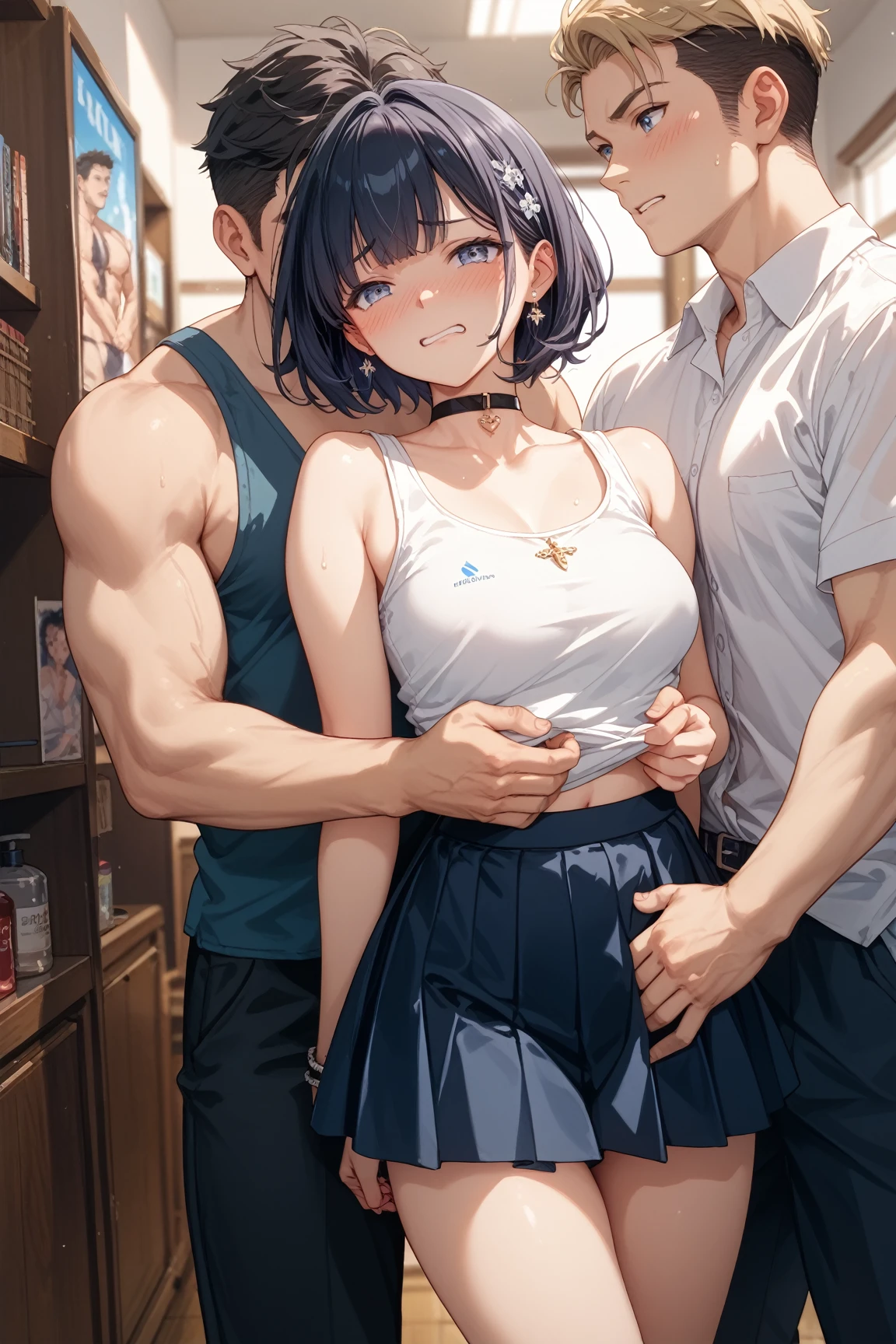 perfect face,Glasses,(Close-set breast:1.3),busty, big tits,((Round breasts)),(full bust:1.5),(slender:1.3),hair behind ear,school uniform, School jacket,School miniskirt,black bra,((clothed bra)),cleavage,show off bra,breath,sweat,wet,smirk,nose blush, angry,frustrated,in the train,upset,1 girl,from above,((1 boy)),(a boy is grabbing girl’s breasts from behind:1.4),(((grabbing breasts))),(grabbing her breasts:1.4)