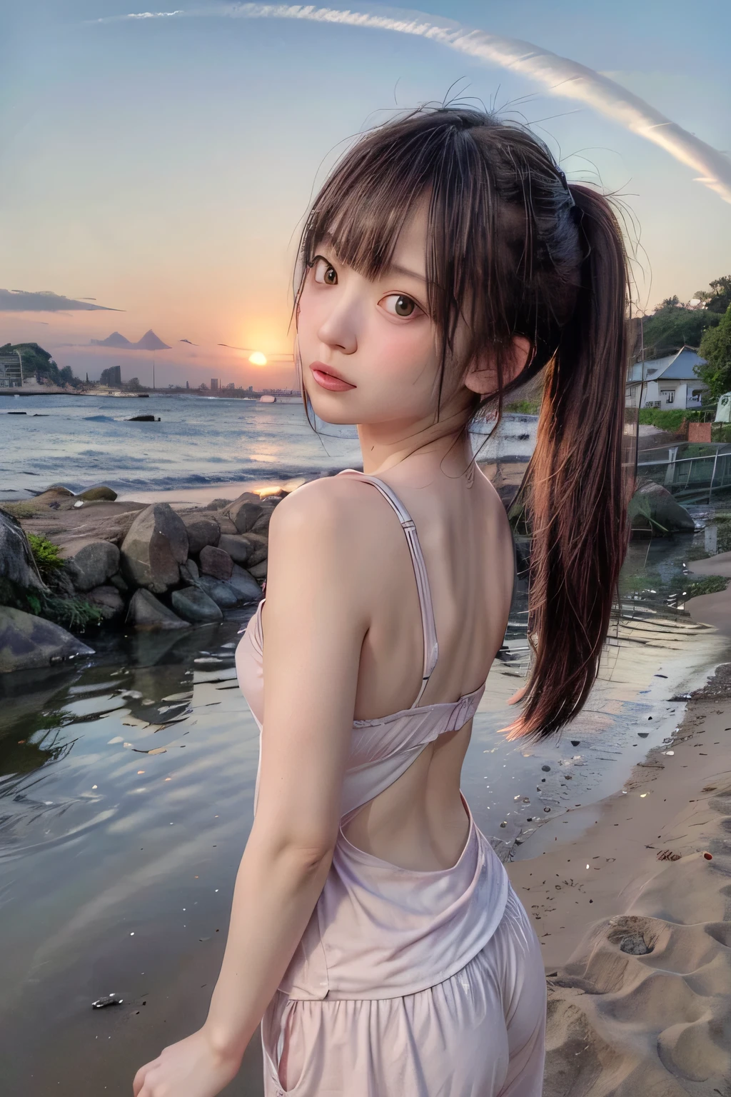 8k, RAW Photo, Best Quality, Masterpiece, Realistic, PhotoRealistic, Extremely Detailed 8k Wallpaper, Beautifully Detailed Eyes, Finely Detailed Face, 
 BREAK 
Cinematic Lighting, Rim Lighting, 
 BREAK 
End of Summer, Light Purple Dusk, Seascape, Beach, (1 Girl is Looking at Coastline with Lying Down:1.2), twilight, cloud, 
Perfectly Anatomically Correct:1.0, 5 Beautiful Thin Finger:1.0, 
 BREAK 
1 Girl, (Short Ponytail Hair), Kawaii, Japanese, [[Wide-Set Eyes, Big Eyes, Almond-Shaped Eyes, tareme, Double Eyelids, Eye Bags, White Skinned, Blush, Embarrassed, 16-Year-Old, 
Round Face, Chiseled Face, Round Chin, Thin Lips, Small Nose, Oval-shaped Face, 
Wet Hair, Messy Hair, Brown Hair, Open Mouse Slightly, [Pouted Cheek]]], Medium Beautiful Spherical Shape Upturned Buttocks is Looking Down Viewer, 
Wearing White Tank-top + Hot Pants, 
 BREAK 
SFW:1.0, 
 BREAK 
(Low Angle Full Body Shot:1.2), Dynamic Angle, Soft Saturation, Soft contrast, bokeh:1.2