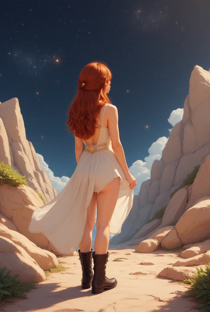 Megara ((nude, back view)) (full figure) at a deserted rocky beach, fun, (depth of field) ((highly detailed, beautiful detailed face, masterpiece, best quality)), Megera