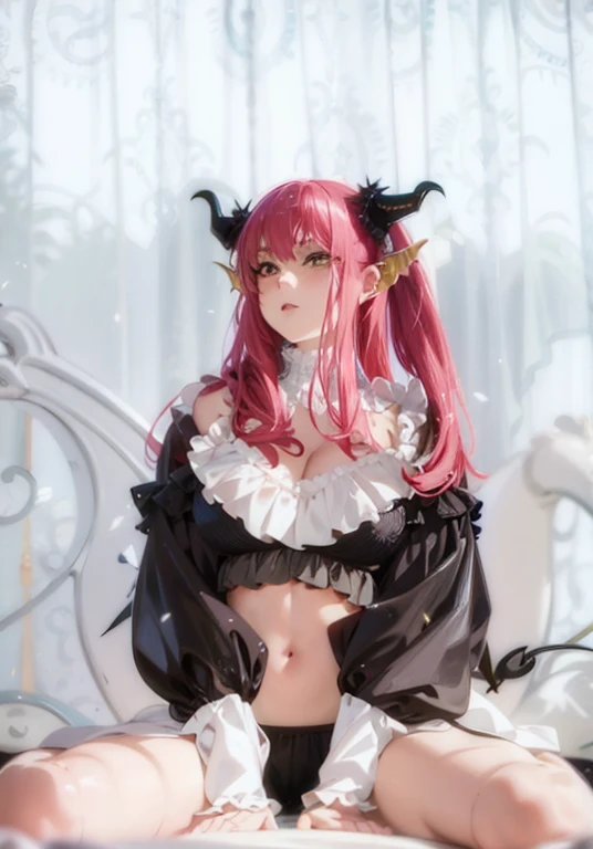 A succubus mommy with long light purple pink hair, black horn in the head, beuty detailed face, good quality, perfect big booba, wearing a black dress