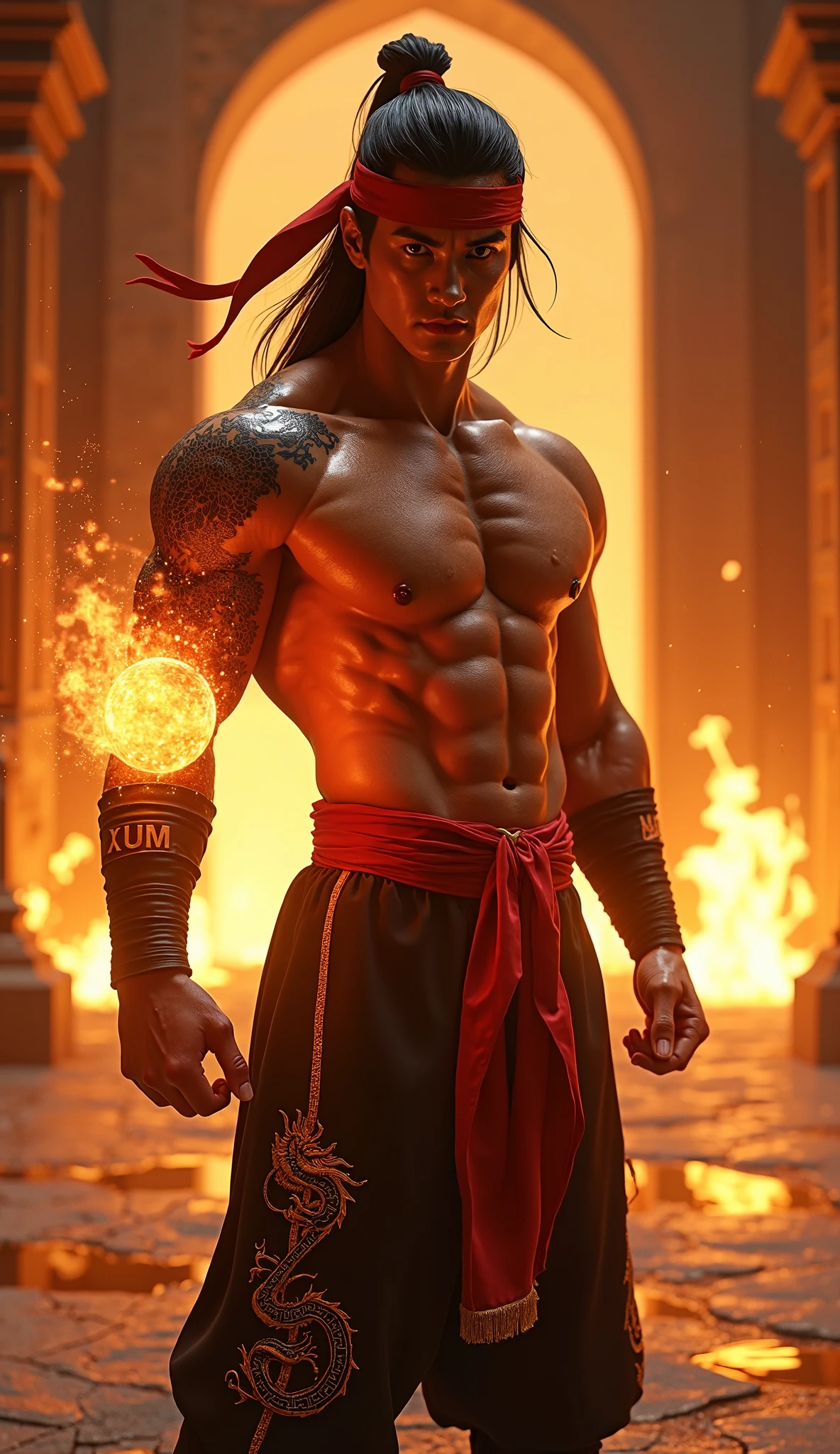 Realistic Digital Art Style -- Strong Man -- No Shirt -- Aura of Strength, charisma and confidence -- Smiling beautifully, smile -- Handsome face -- Bright blue eyes -- Long wavy brown hair -- Short beard -- Black Samurai pants -- Red sash tied around the waist -- Red bandages on the wrists -- Pose of hero and superiority -- Katana on the waist -- Background scenery is a beautiful plain with sun, Trees, waterfall and orange sky, extremely detaild, soft ambient lighting, 4K, perfects eyes, a perfect face, perfect lighting, the 1 girl)), context: The man is confident and smiling happily, strong and determined, is alone in this environment. detaileds: The sun is shining brightly, waves are gently lapping in the background, and birds are flying in the clear blue sky. ))