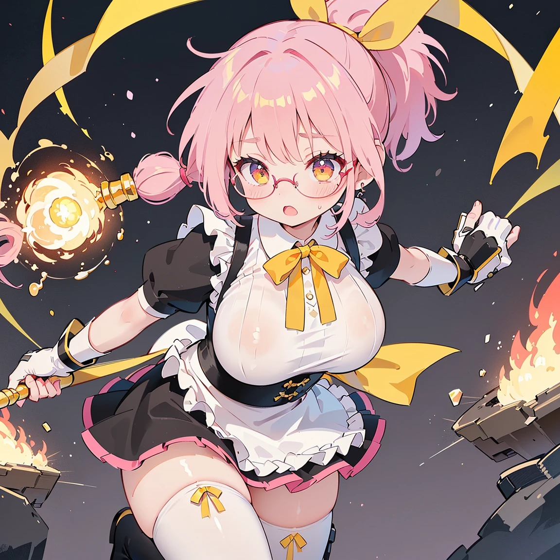mami tomoe, big breast, (torn clothes:1.2), fluttering skirt, (white underwear), closed eyes, :o, pain, moaning, tottering, scenery, tentacle