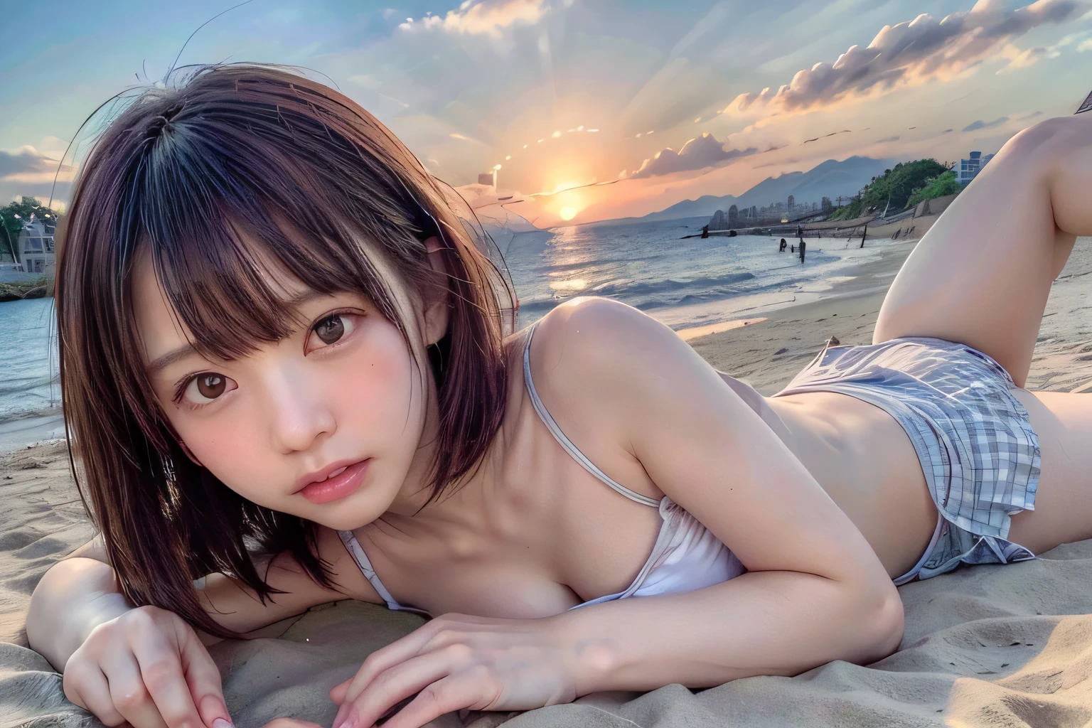 (Masterpiece, BestQuality:1.3), (ultra detailed:1.2), (hyperrealistic:1.3), (RAW photo:1.2),High detail RAW color photo, professional photograph, (Photorealistic:1.4), (realistic:1.4), ,professional lighting, (japanese), beautiful face, (realistic face), cute woman, (Brown Hair, Big Tits:1.5), (cheerful Smile:1.35), Trending Hair&Trending Hairカラーをランダムに, sexly, erotic sexly, Random sexy gravure poses, (Sexy beauty wearing a tiny white one-piece swimsuit。Sunset Beach in the background、She thrusts her hips out while looking seductively at the camera.。Shiny anklets on your ankles、Lying on the beach and posing provocatively。:1.3)