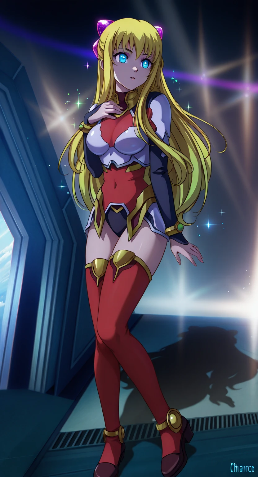 1girl,Alicia Viewsrtream,red lips,red impossible clothes,red elbow gloves,red thigh boots,cape,incredibly absurdres,Volumetric Lighting,moody lighting,thighs,anime,hetero,outstretched arm, hand on hip, best quality:1.4, intricate details, sharp focus, highres, eleborate atmosphere:0.90, 8K, 4K, UHD, 32k UHD resolution, realistic photo, professional photography, Ultra Detailed 8K CG, ultra high res, High quality texture, High quality shadows, vivid colors, HDR, space station, windows, screens, lens flare, panoramic view,