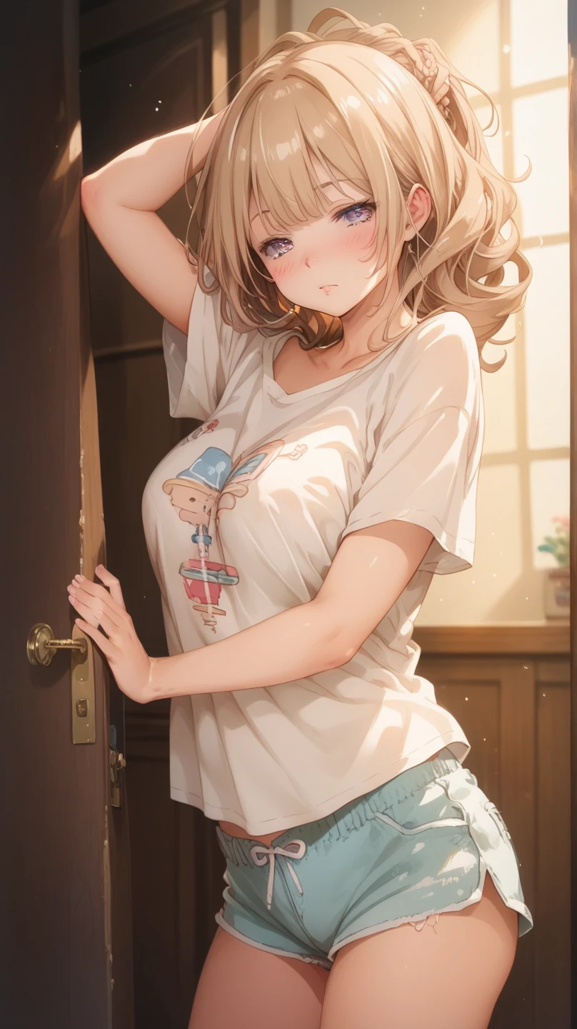 1 girl, panty puller, undressing, from low, chestnut hair. work of art, best qualityer, highy detailed