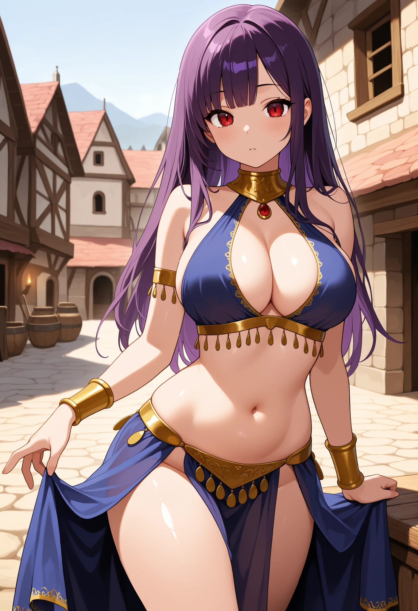 high quality, ultra detailed, best quality, insanely detailed, beautiful, masterpiece, 1girl, medieval plaza, cowboy shot, red eyes, long hair, purple hair, belly dancer, circlet, earrings, armlets, bracelets, bashful smile, large breasts, cleavage, soft stomach