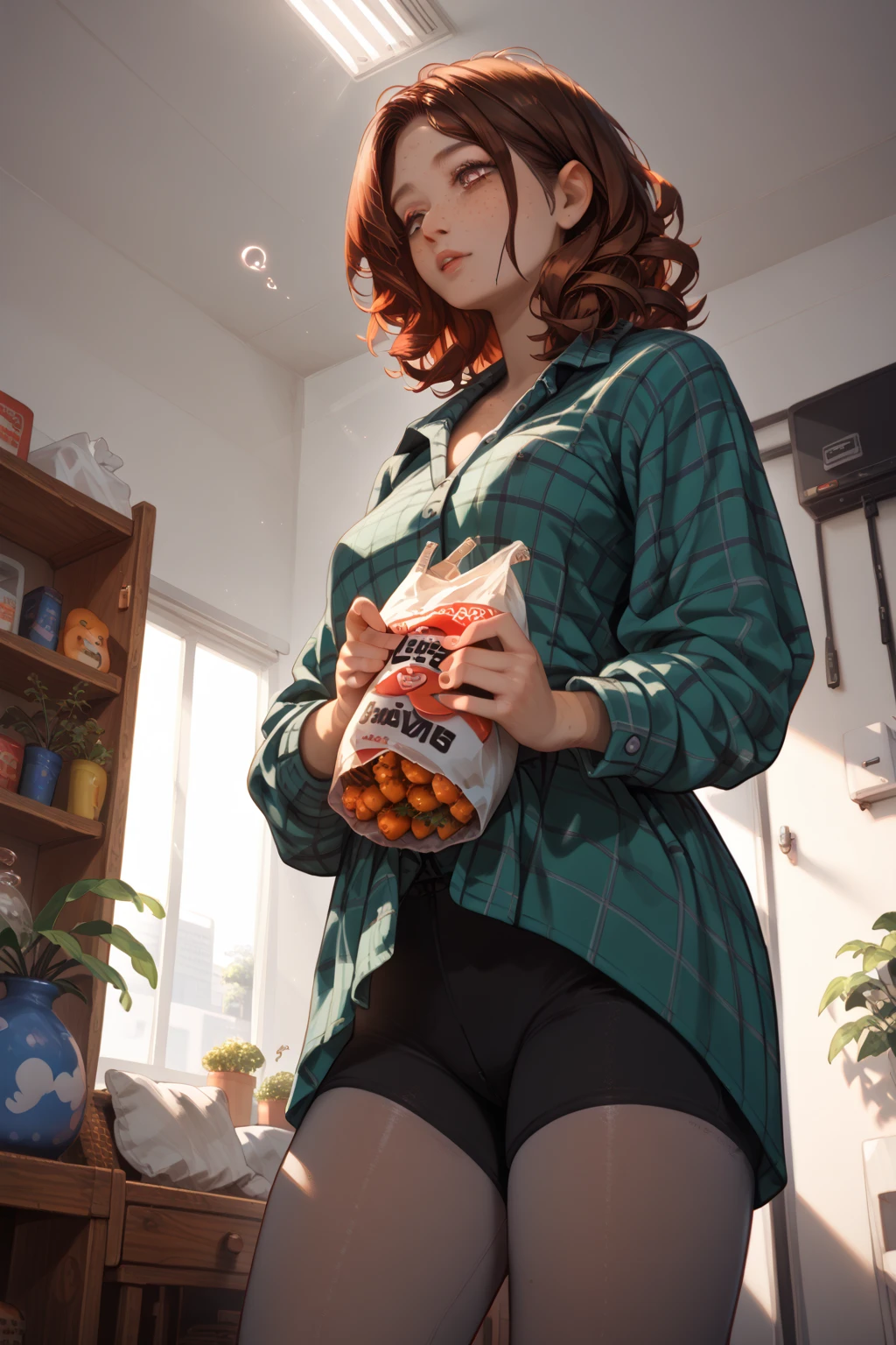 A girl eating breakfast without pants, crop top