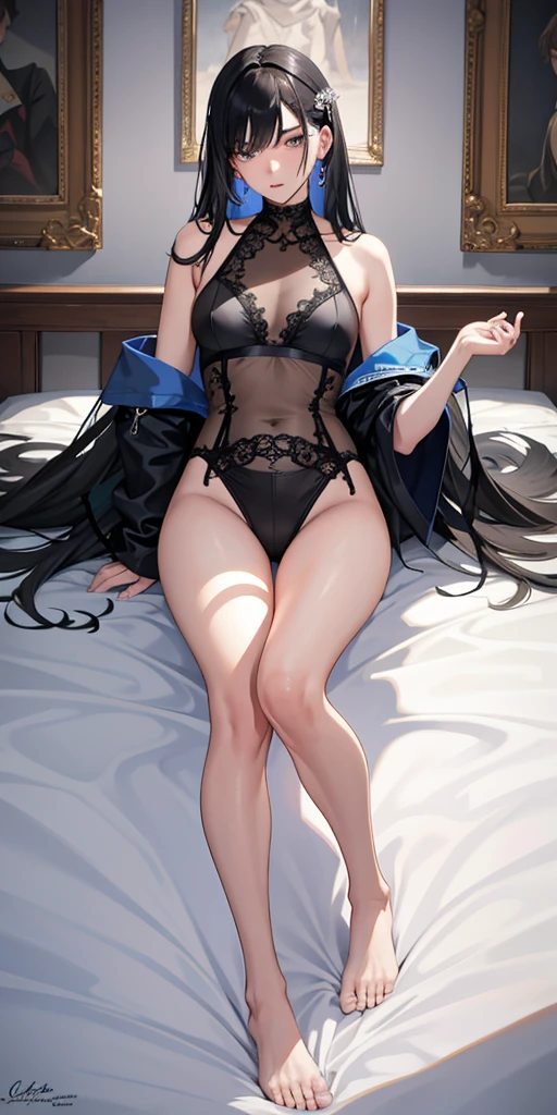 ((Biologically correct limb count)),((Natural finger shape)),((Full Body Shot,Including face)),Standing position,4K,masterpiece,((Focus on the face)),((Symmetrical facial features)),Eye for detailed depiction,Beautiful woman,Excellent style,Beautiful feet,(Small Ass,Thin thighs),(Patterned black stockings,High heels),Facial detailing,Small earrings,necklace,Low angle photo,((Light blue lace bra and lace panties)),Lying in bed,Strong sunlight,(((A facial expression of pleasure))),(((Lean your body back and sit on the ground))),((Hands lifting from under your chest)),(Face the camera),Photograph the side of the body,focus on the crotch,Long Hair